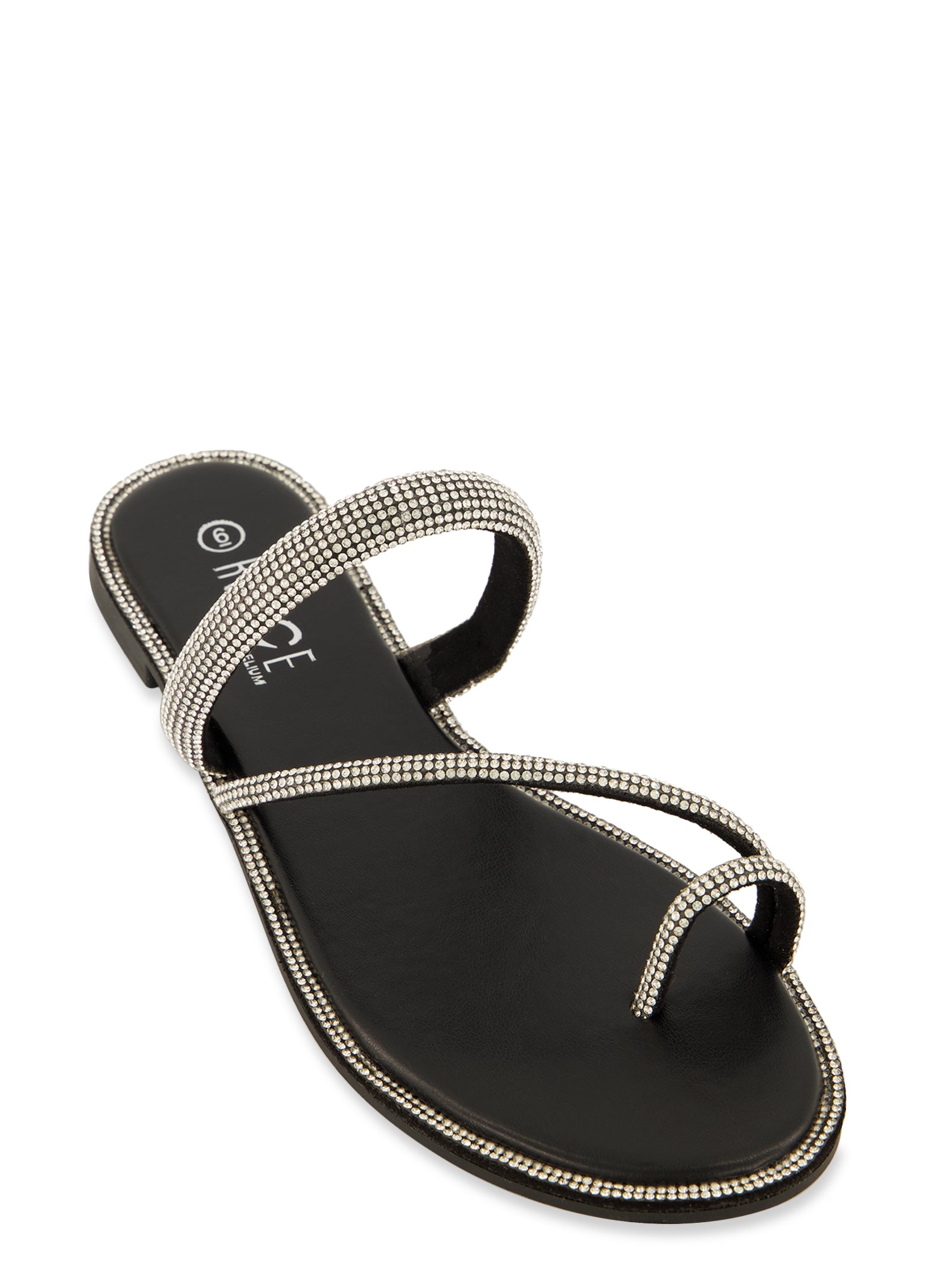 Rhinestone Trim Toe Loop Slide Sandals Black