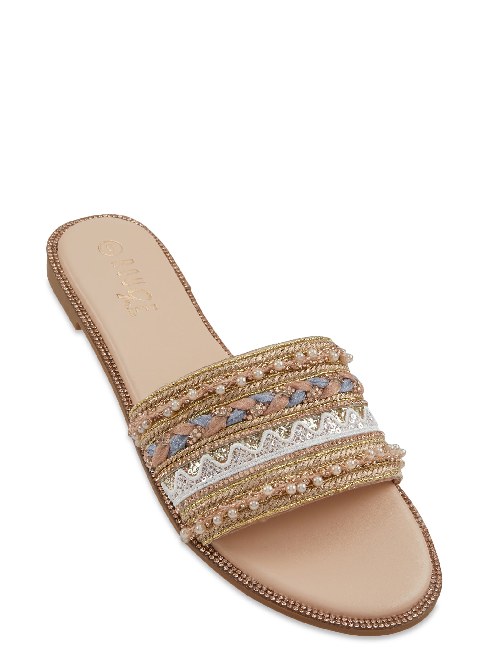 Women's Faux Pearl Decor Metallic Color Flat Heel Slide Sandals In  CHAMPAGNE GOLD | ZAFUL 2024