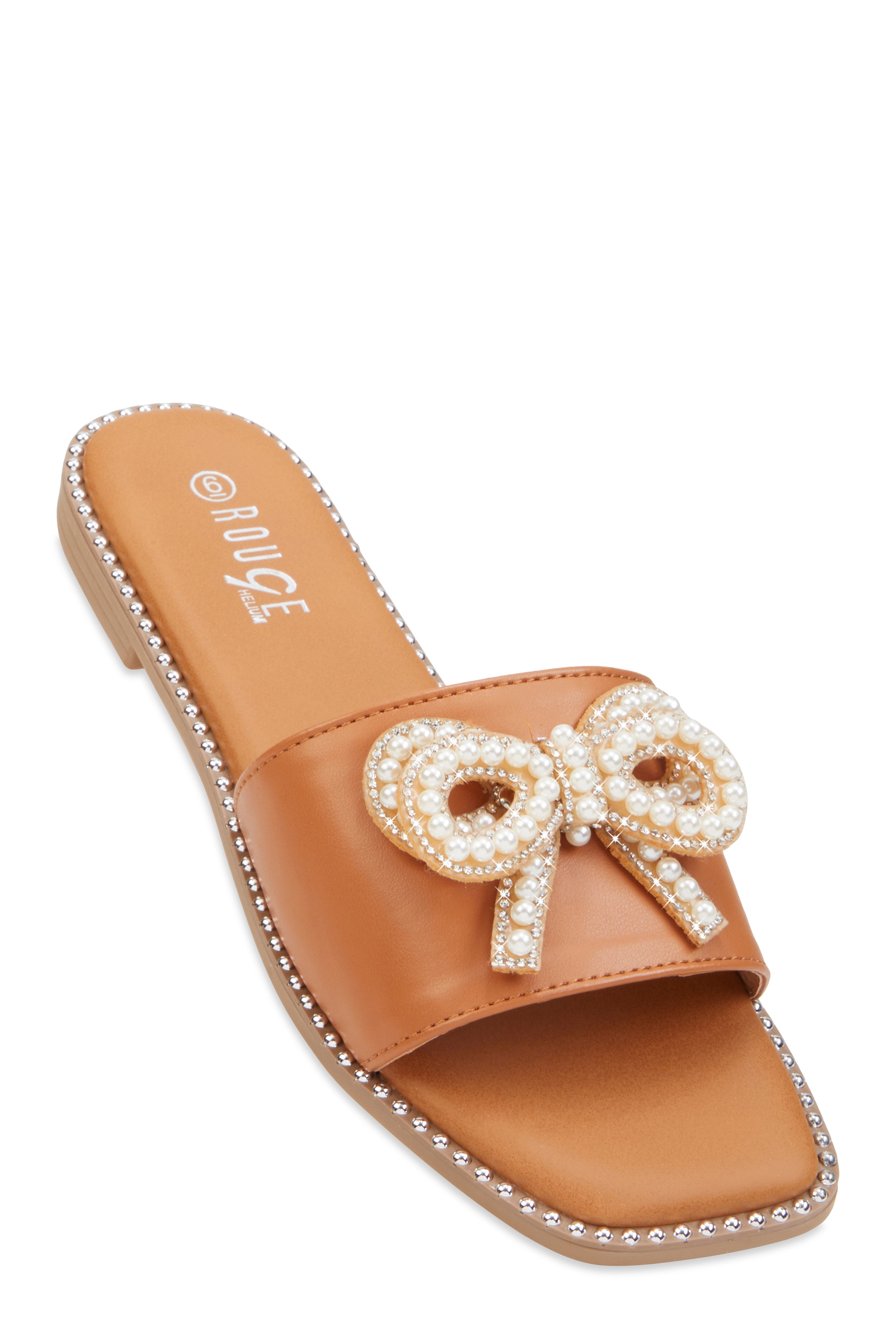 Rhinestone Faux Pearl Bow Band Slide Sandals