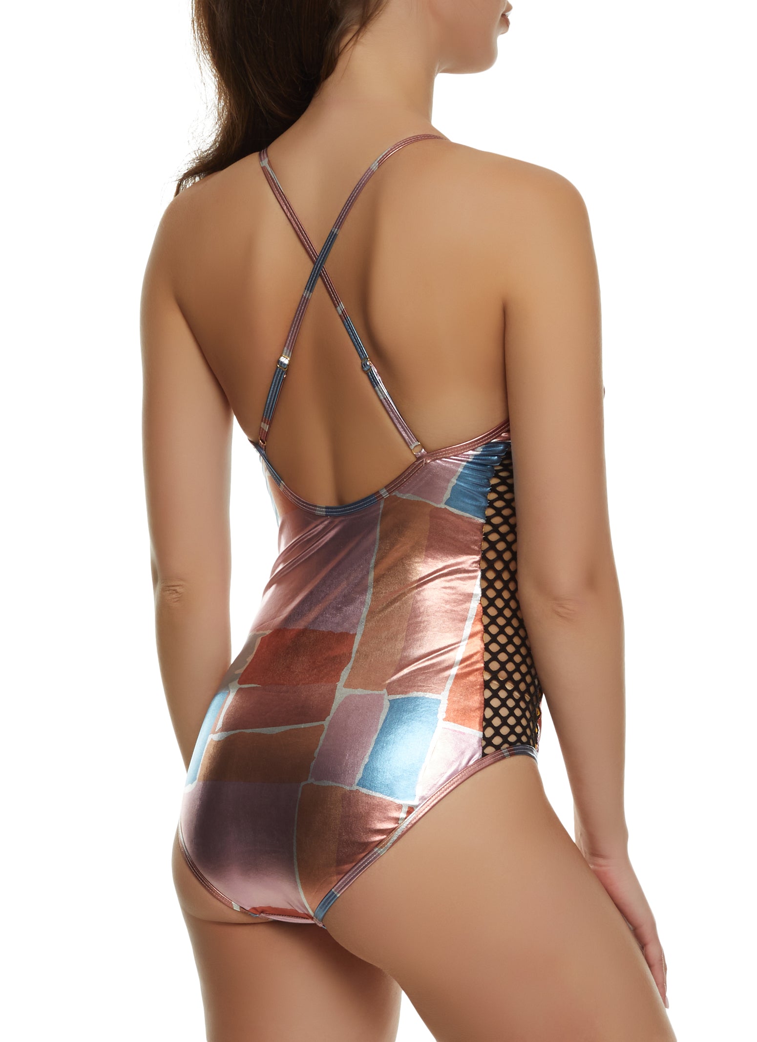 Metallic Fishnet Side Lace Up One Piece Swimsuit