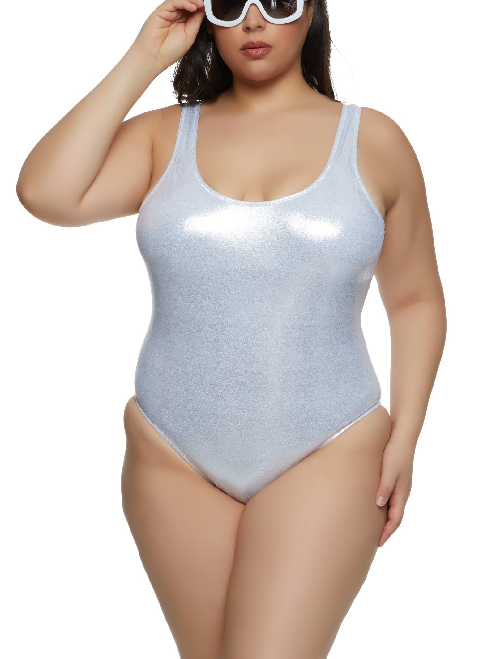 Silver Holographic Metallic One Piece Swimsuit, Plus Size