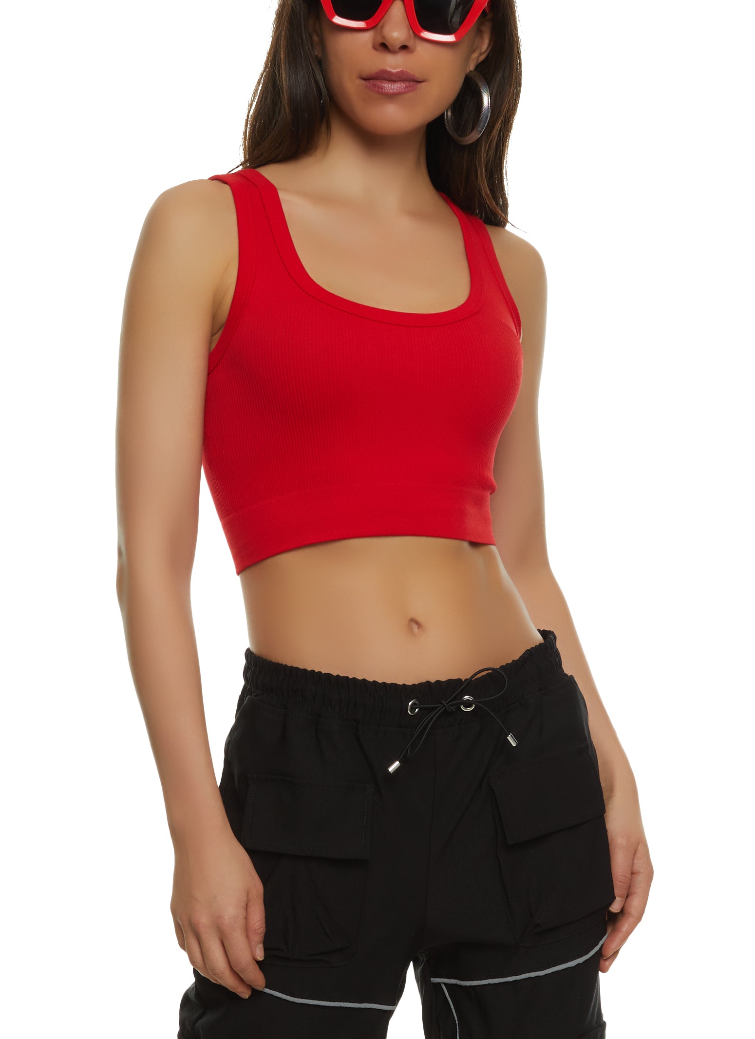 Ribbed Knit Seamless Cropped Tank Top - Red