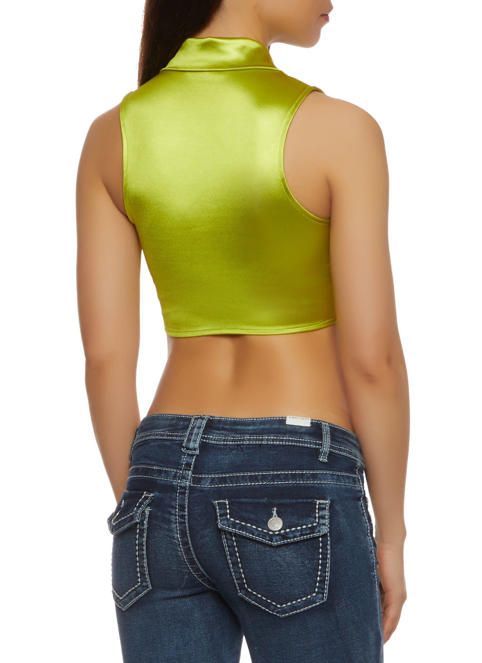 Green Satin Square Neck Hook and Eye Crop Top L / Green