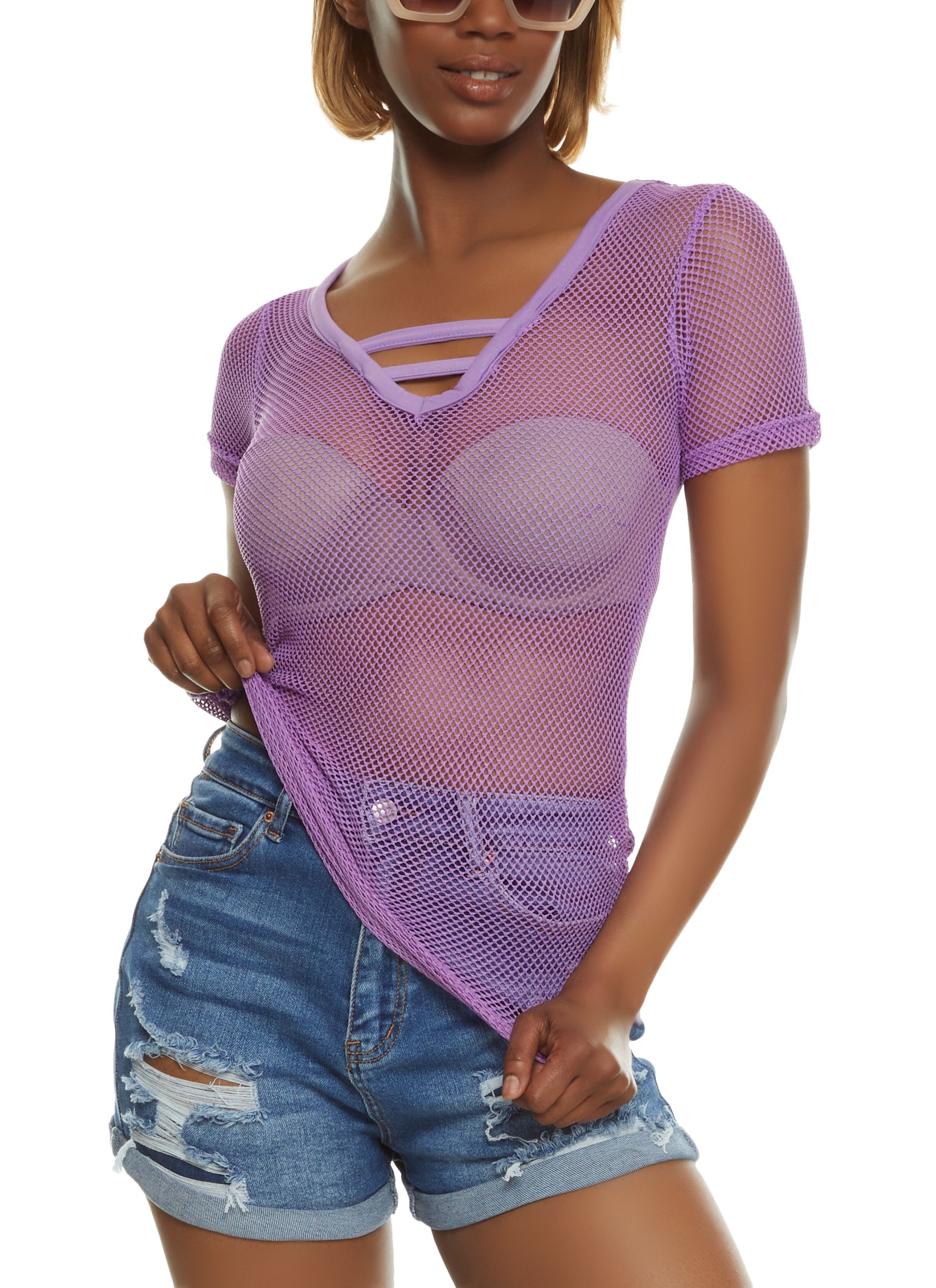 Fishnet Caged V Short Sleeve Top