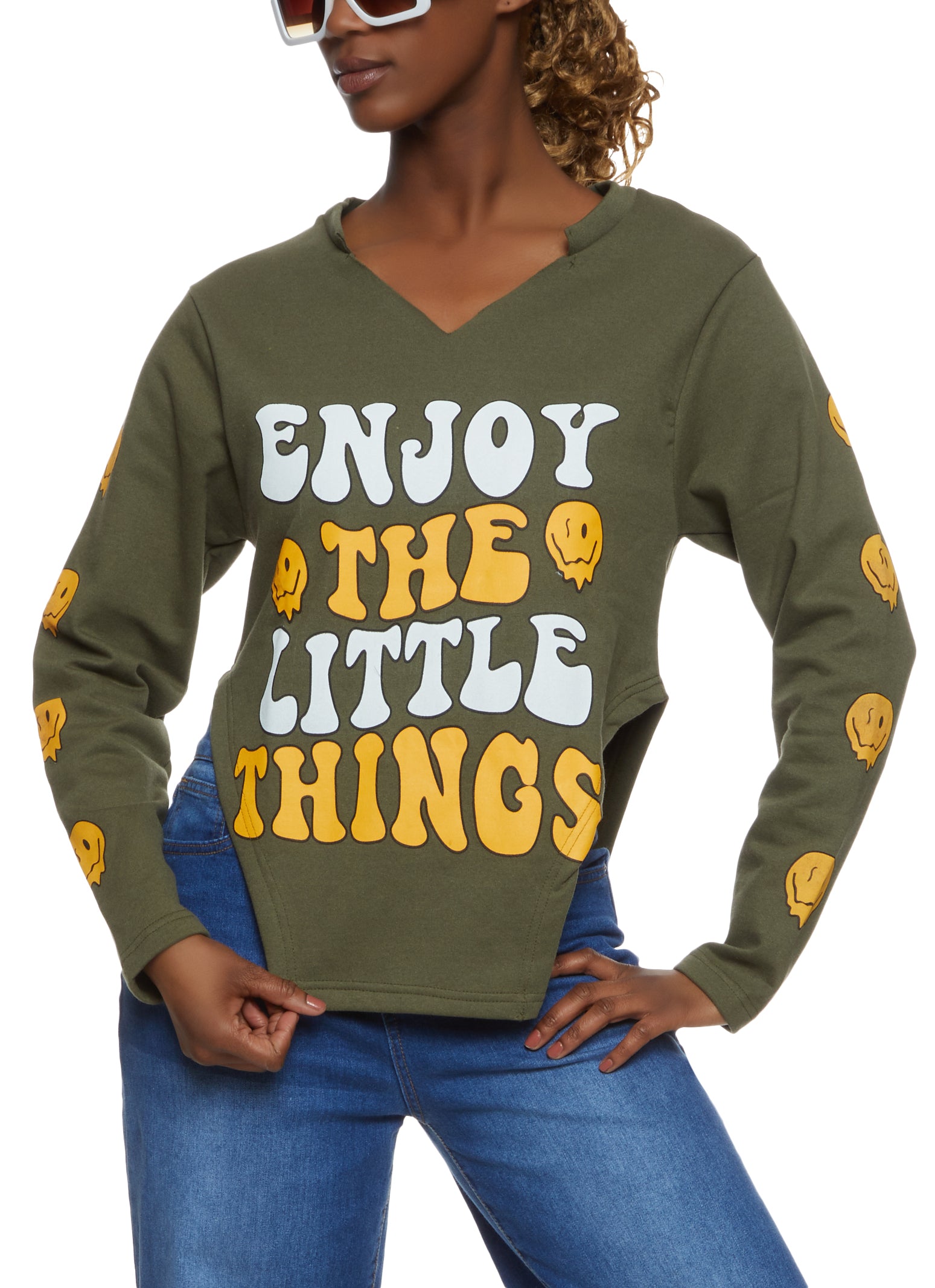 Enjoy The Little Things Notch Neck Sweatshirt - Olive