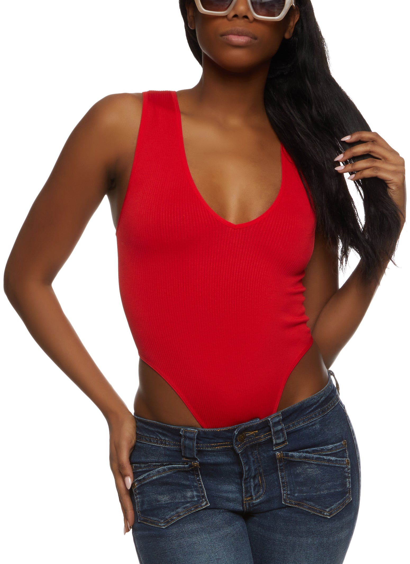 Ribbed Knit High Cut V Neck Bodysuit red