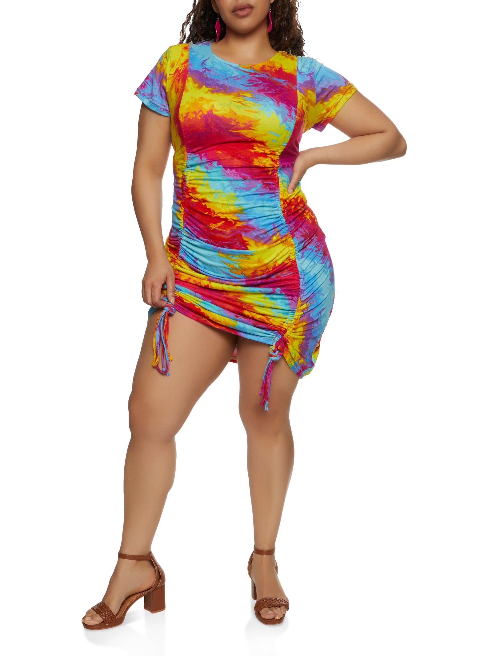 Plus Size Printed Drawstring T Shirt Dress - Multi Color