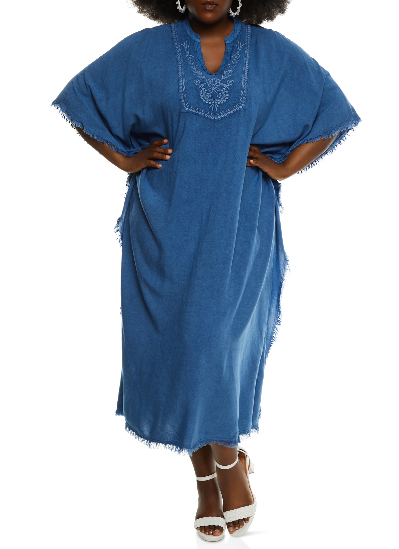 Plus Size Embroidered Frayed Hem Caftan Dress