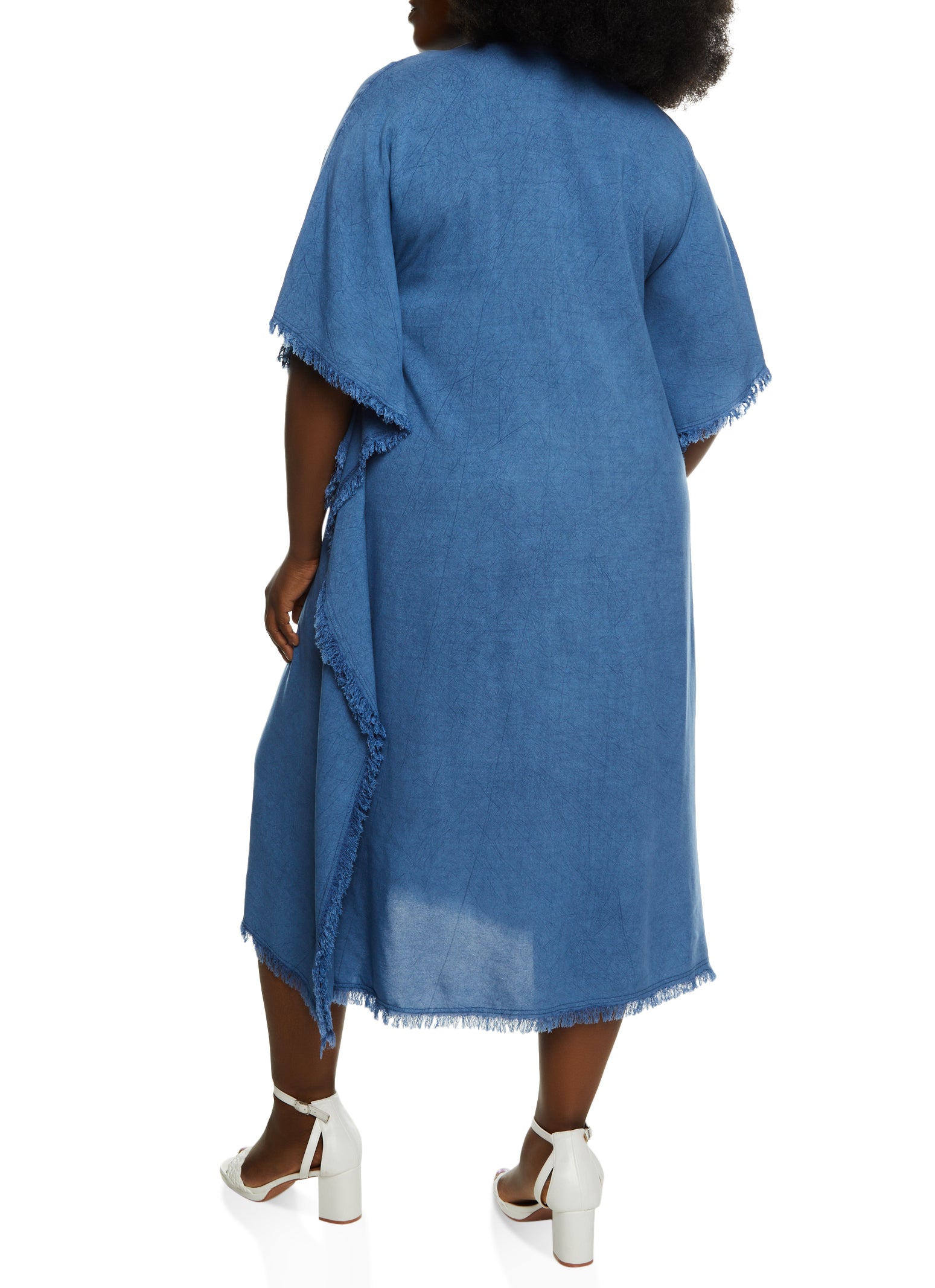 Plus Size Chambray Frayed Hem Caftan Dress - Denim