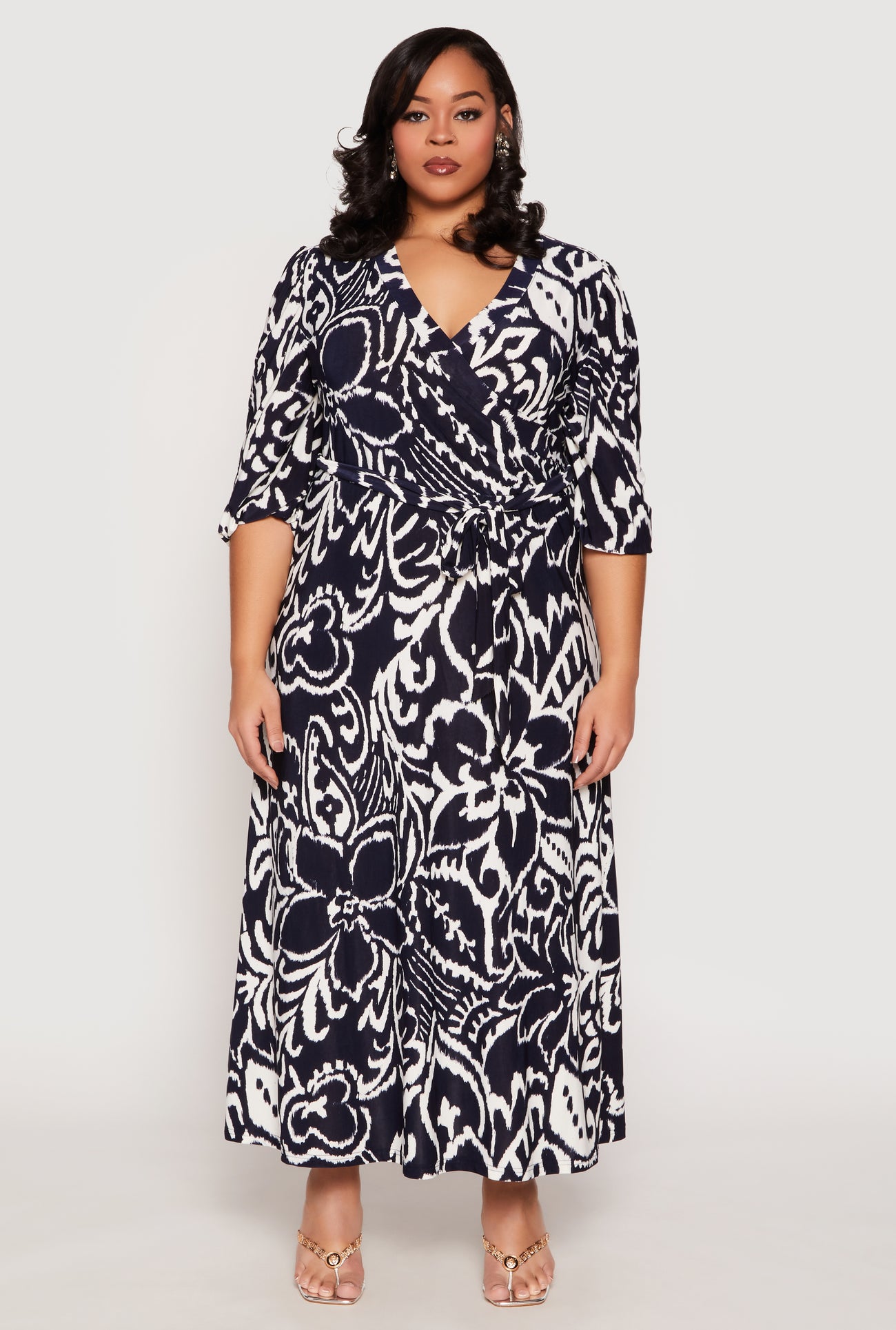 Plus Size Abstract Floral Print Faux Wrap Dress