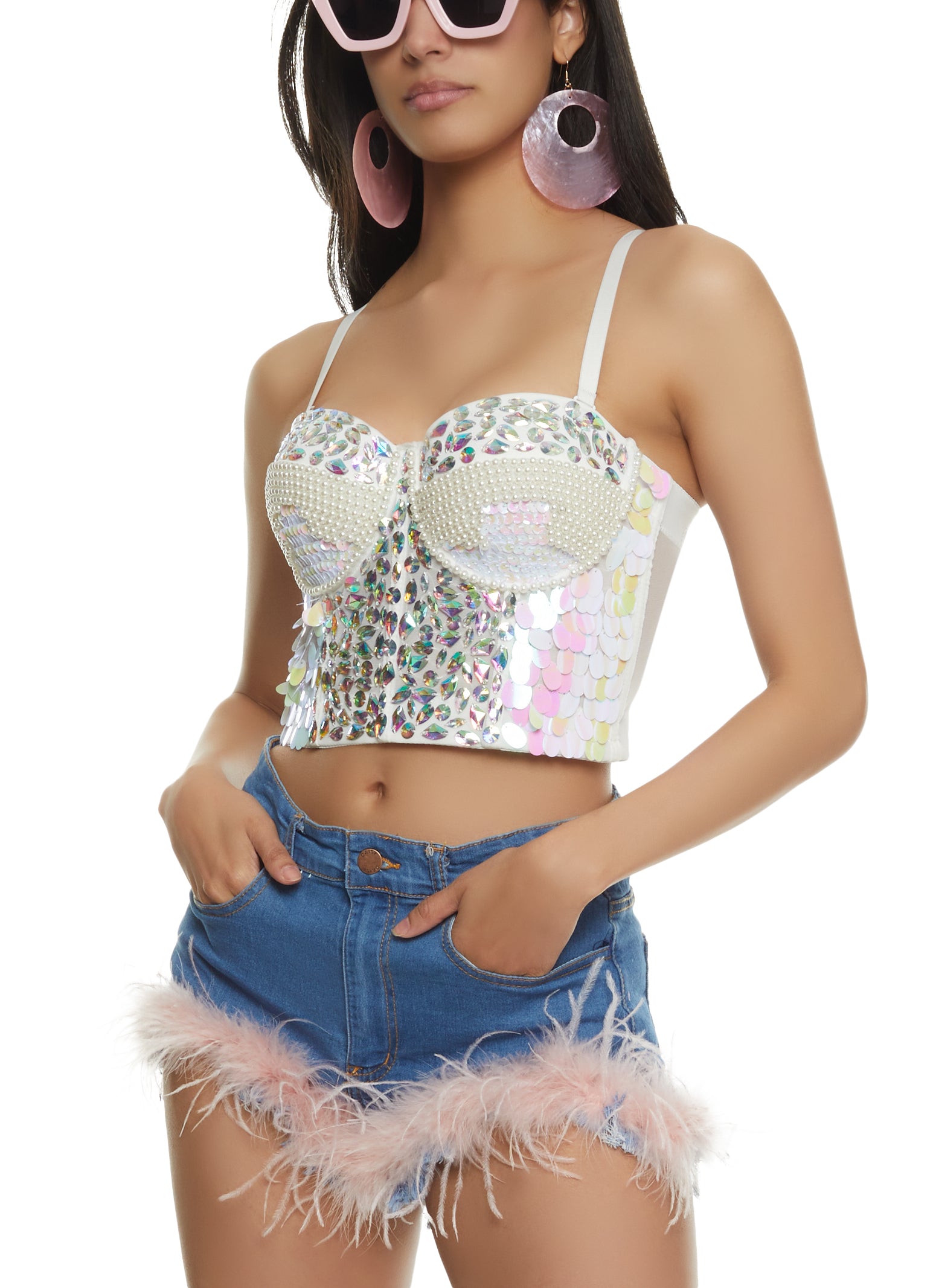 Gem Rhinestone Faux Pearl Studded Bustier Top - White