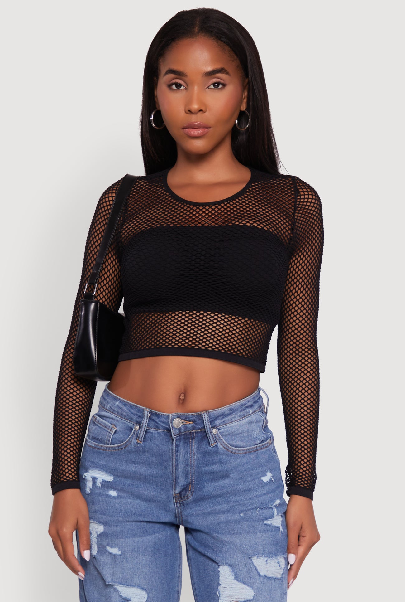 Fishnet Long Sleeve Solid Crop Top