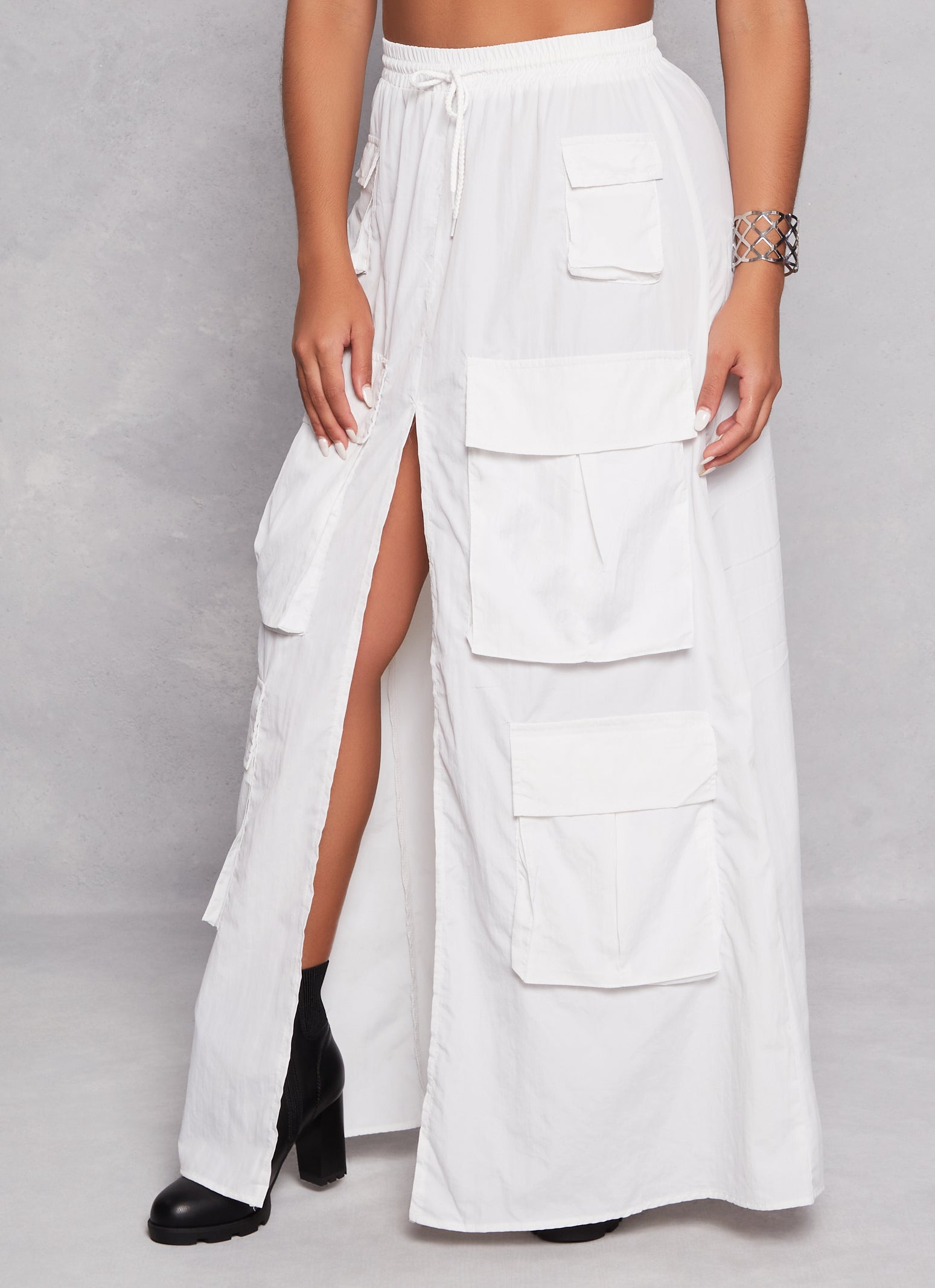 Nylon Drawstring Front Slit Maxi Cargo Skirt - White