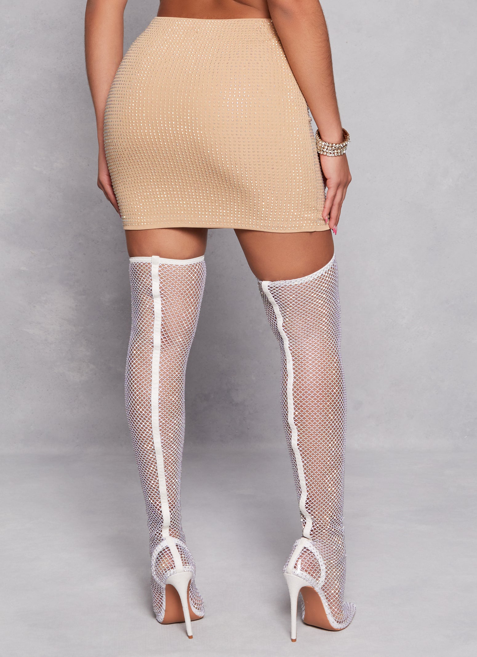 Iris Rhinestone Mini Skirt - Nude