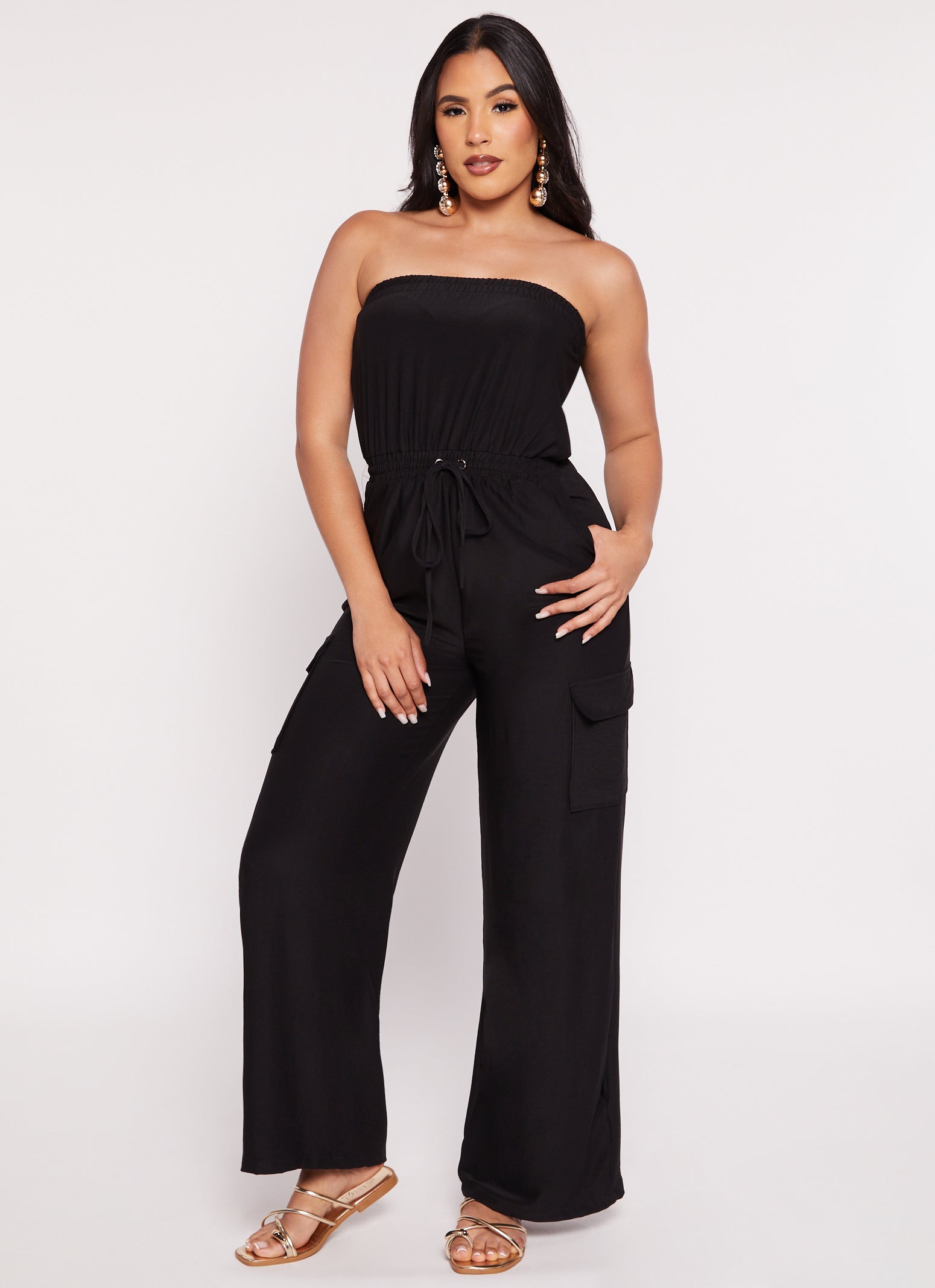 Haute Monde Strapless Drawstring Cargo Pocket Jumpsuit