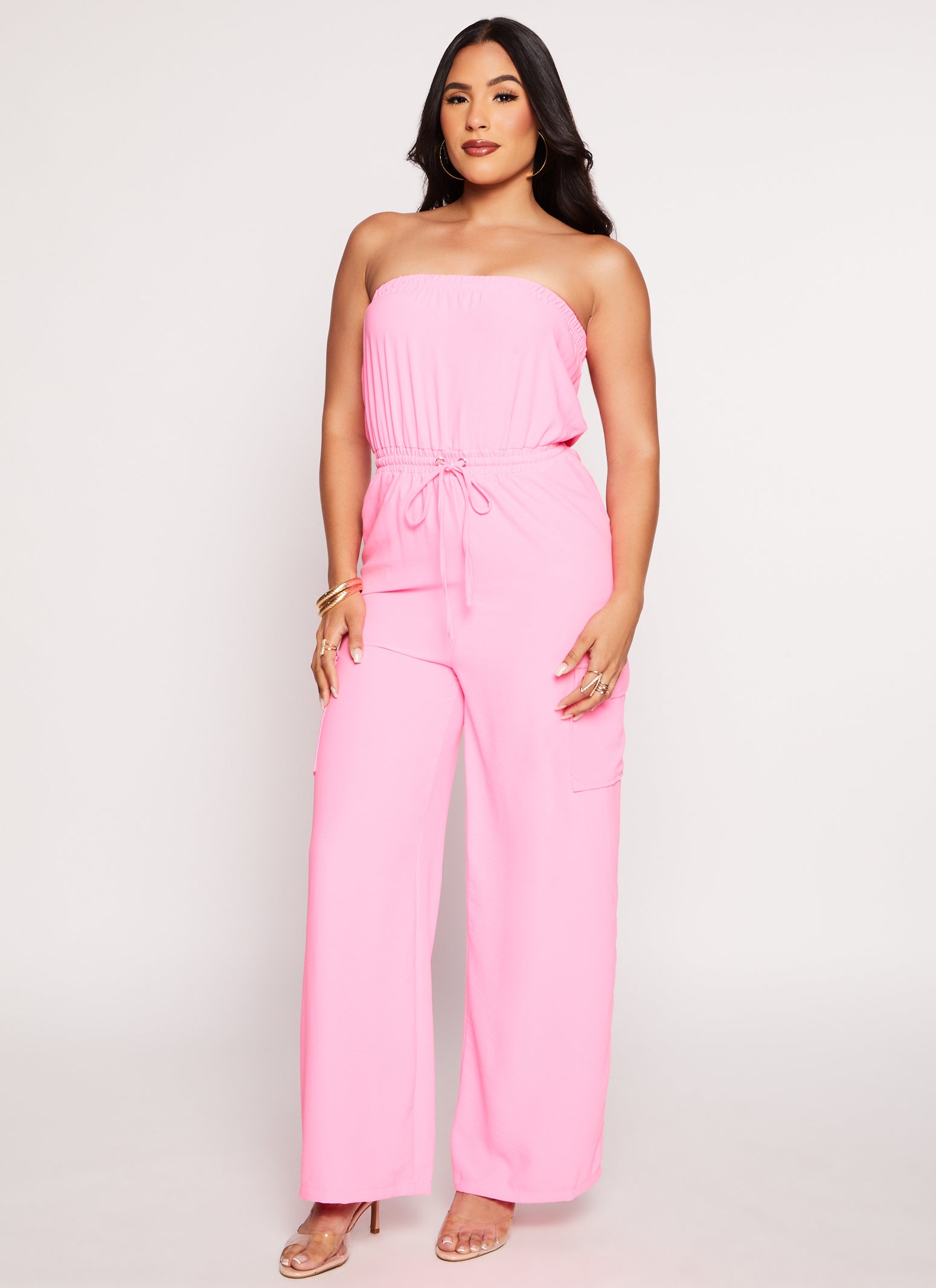 Haute Monde Strapless Drawstring Cargo Pocket Jumpsuit