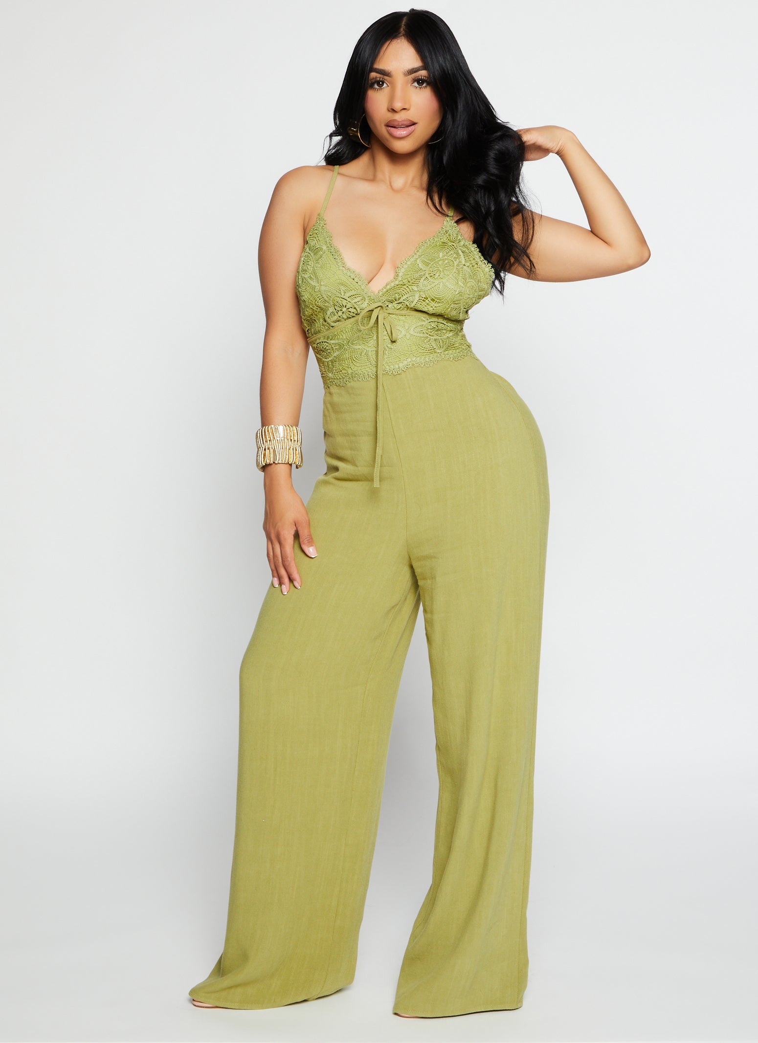 Linen Lace Detail Criss Cross Back Jumpsuit