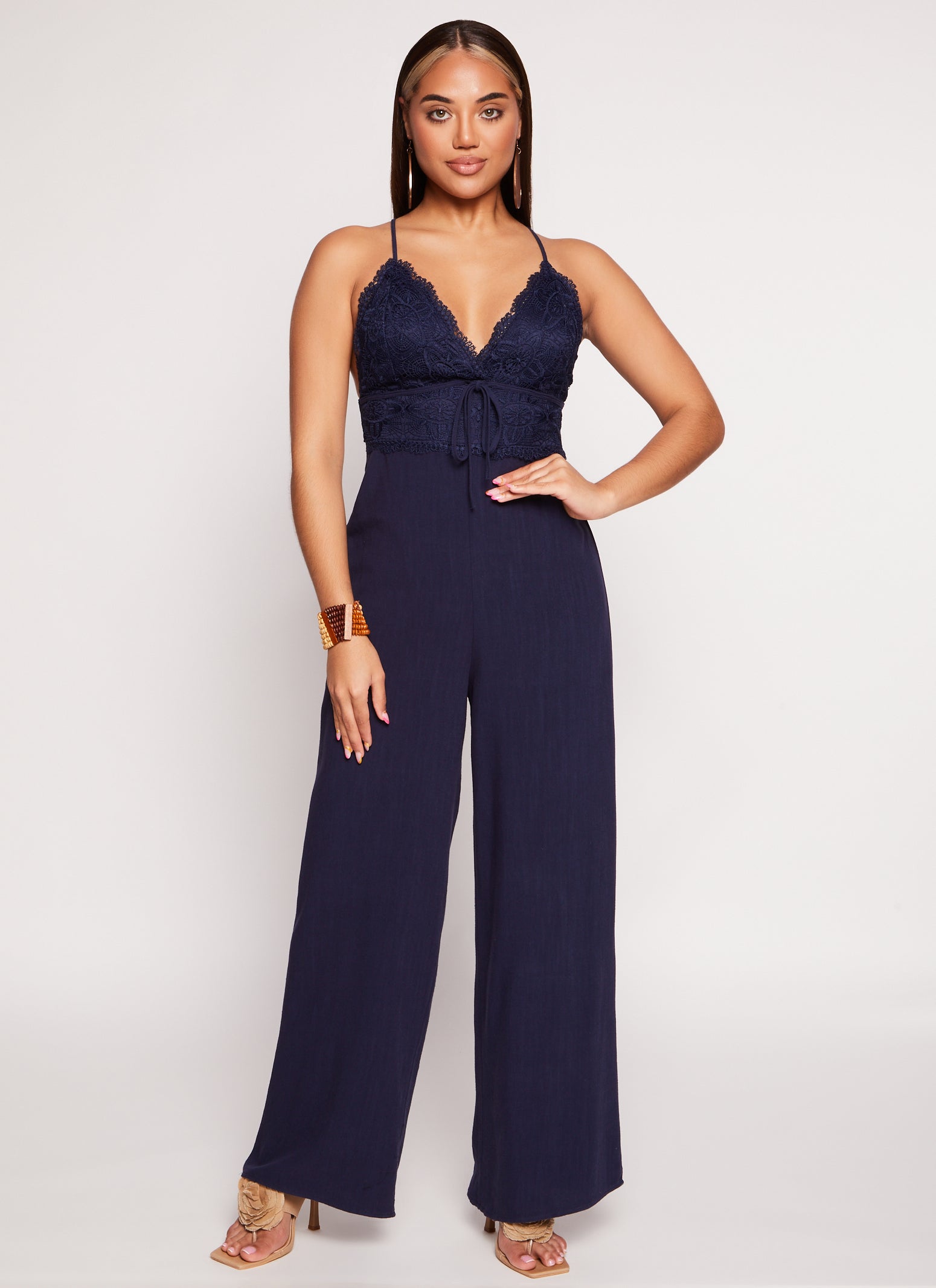 Linen Lace Detail Criss Cross Back Jumpsuit