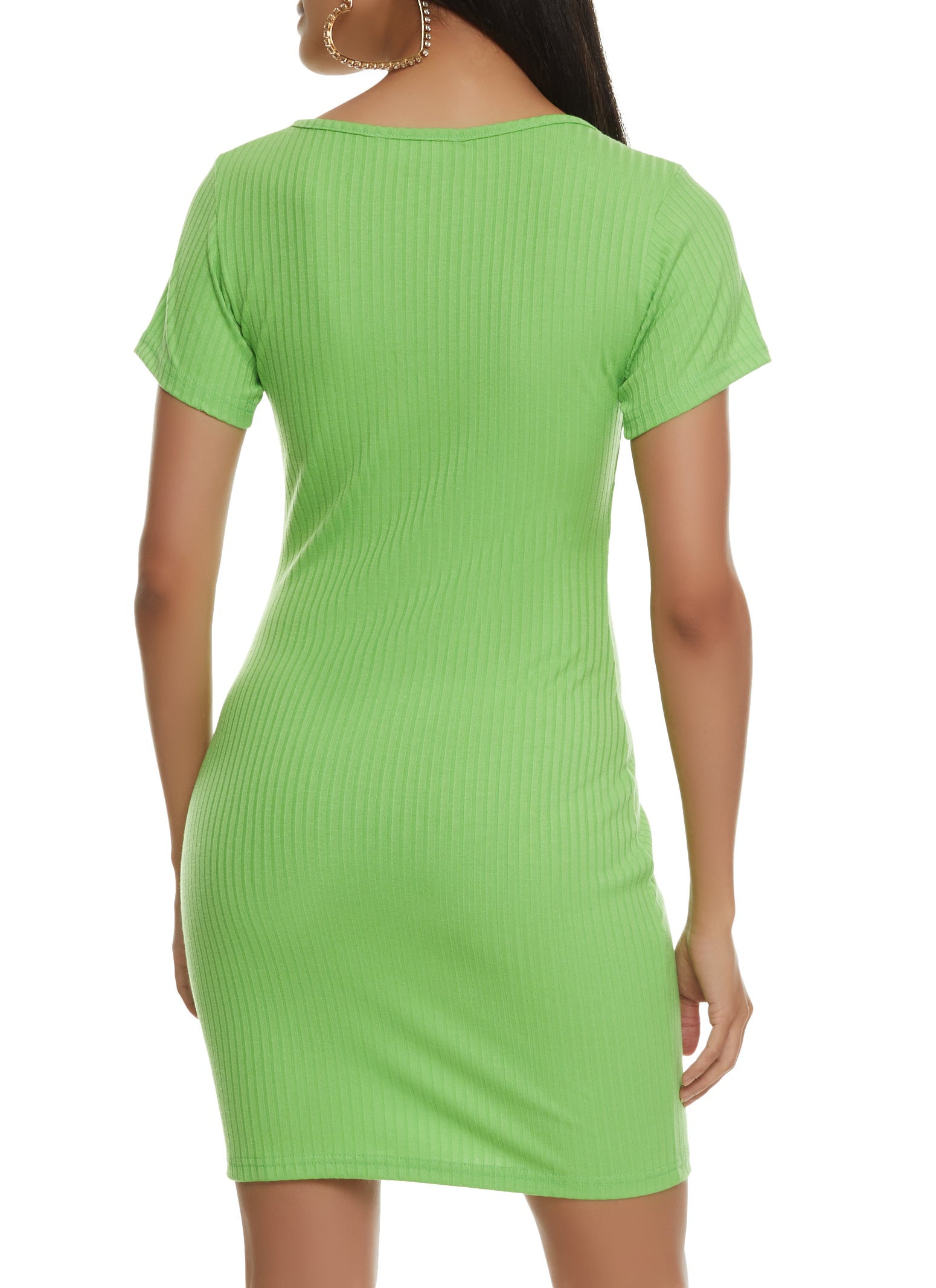 Ribbed Notch Neck T Shirt Dress - Lime