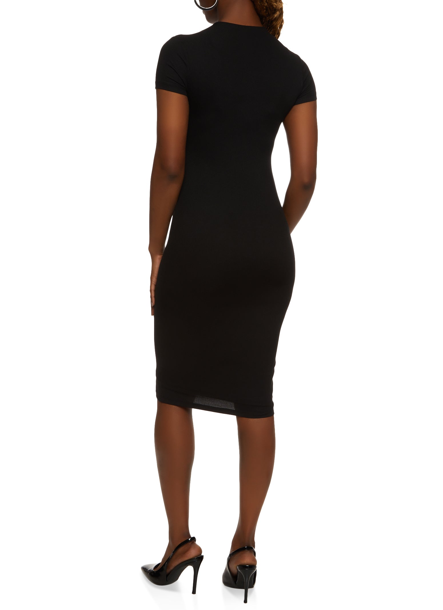 Ribbed Knit Lined Midi T Shirt Dress - Black