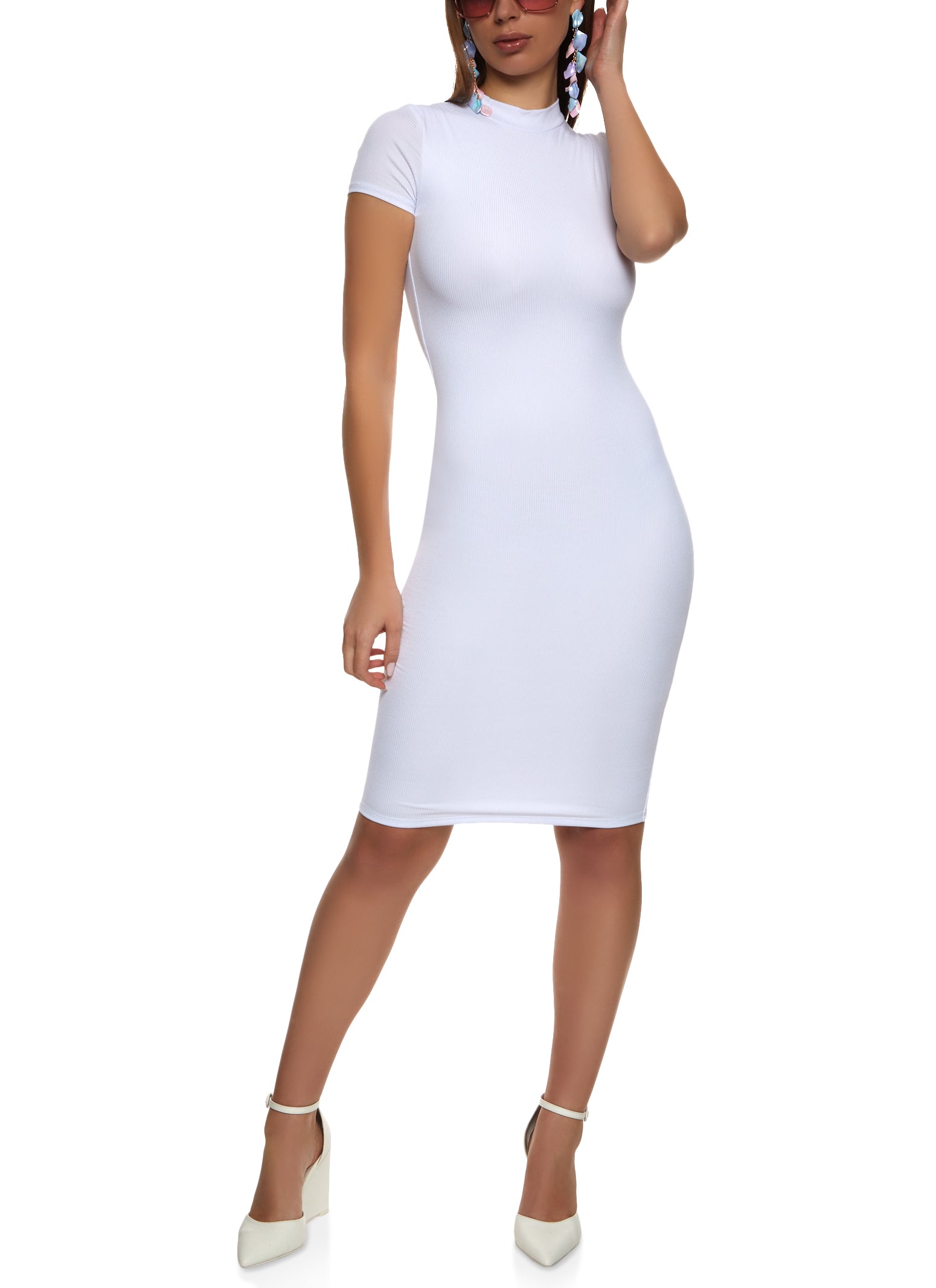 Ribbed Knit Midi T Shirt Dress - White