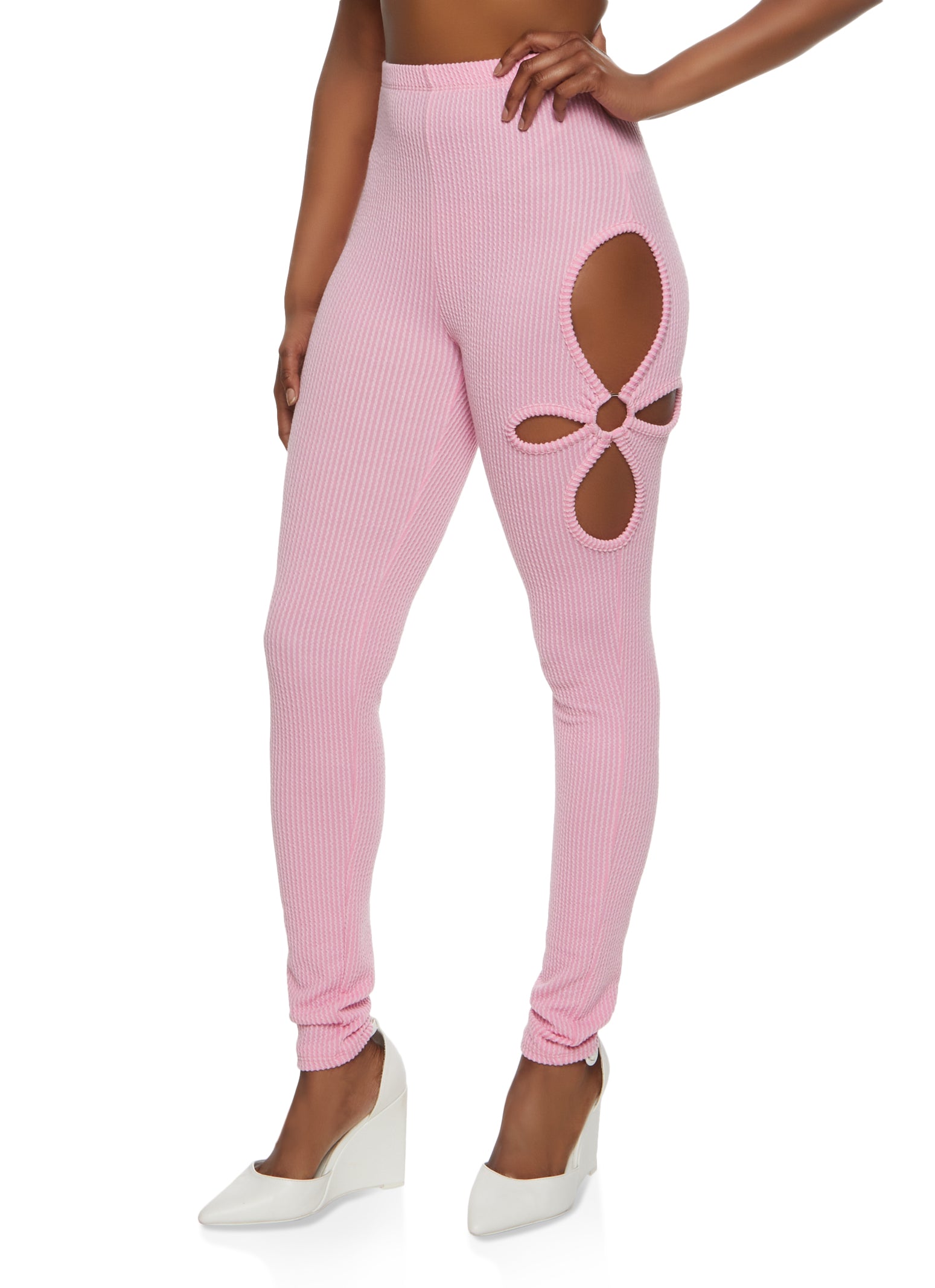 Ribbed O Ring Cut Out Leggings - Pink