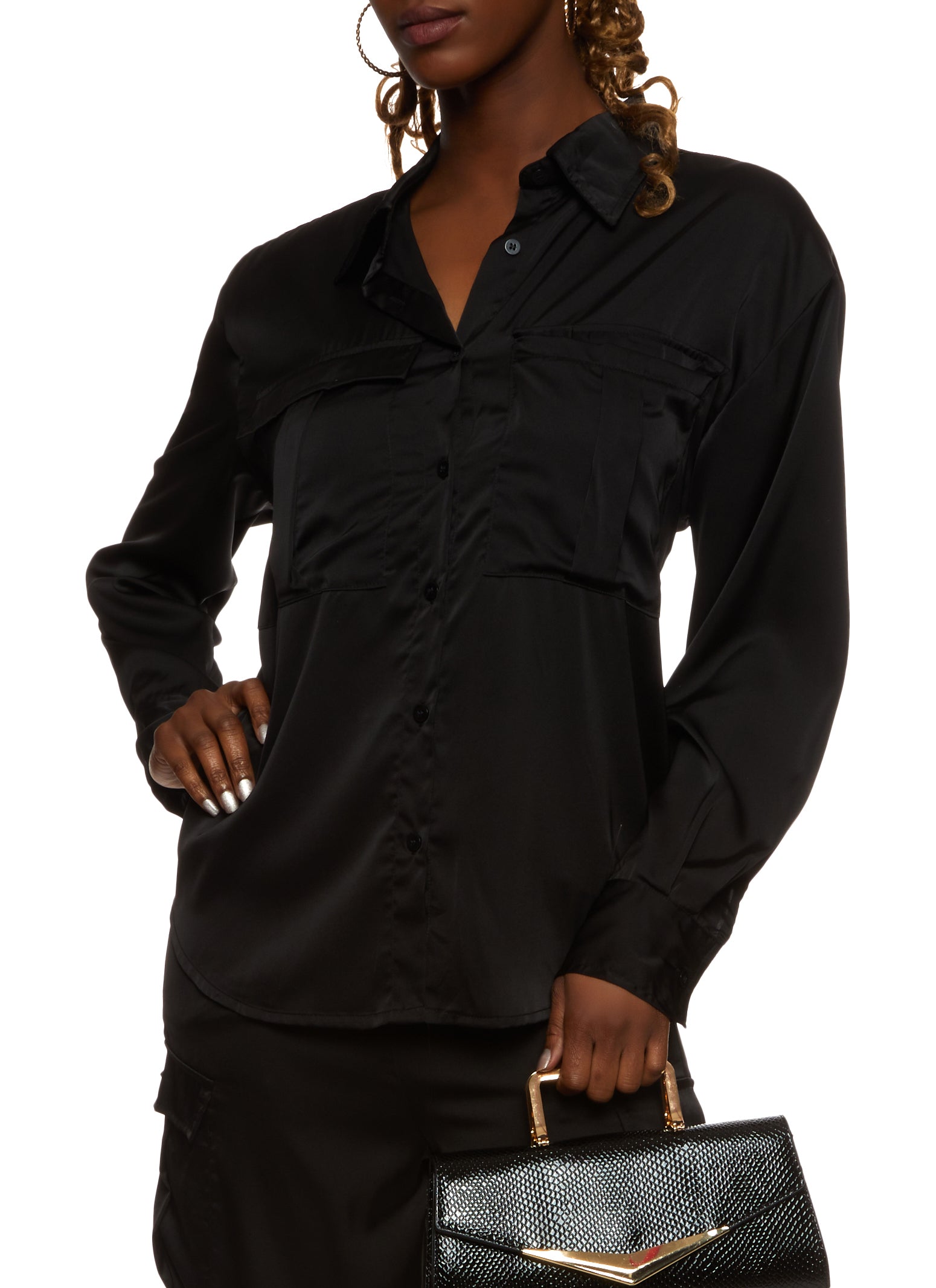 Satin Button Front Cargo Pocket Shirt