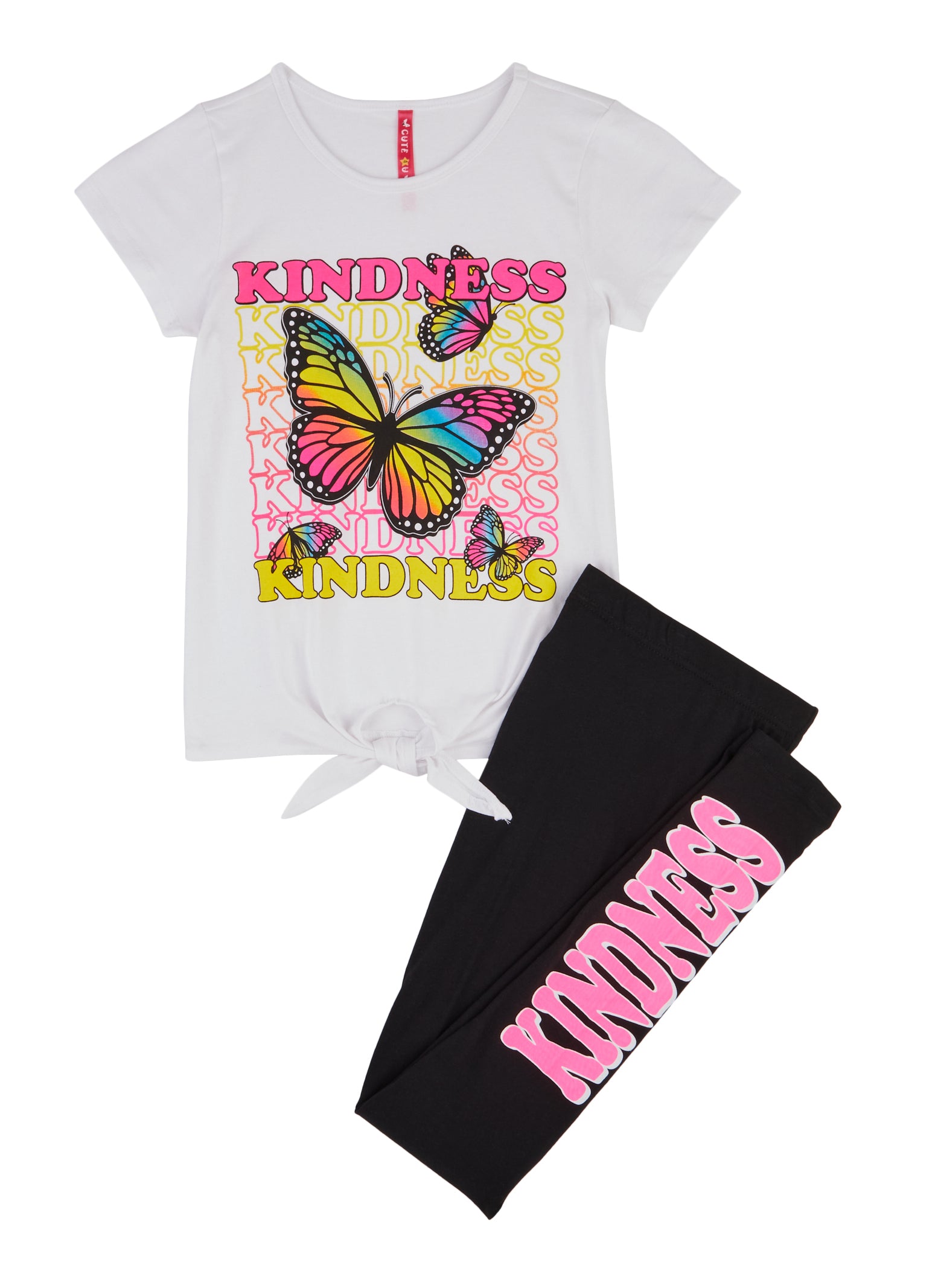 Girls Kindness Butterfly Graphic Tee and Leggings - Wht-blk