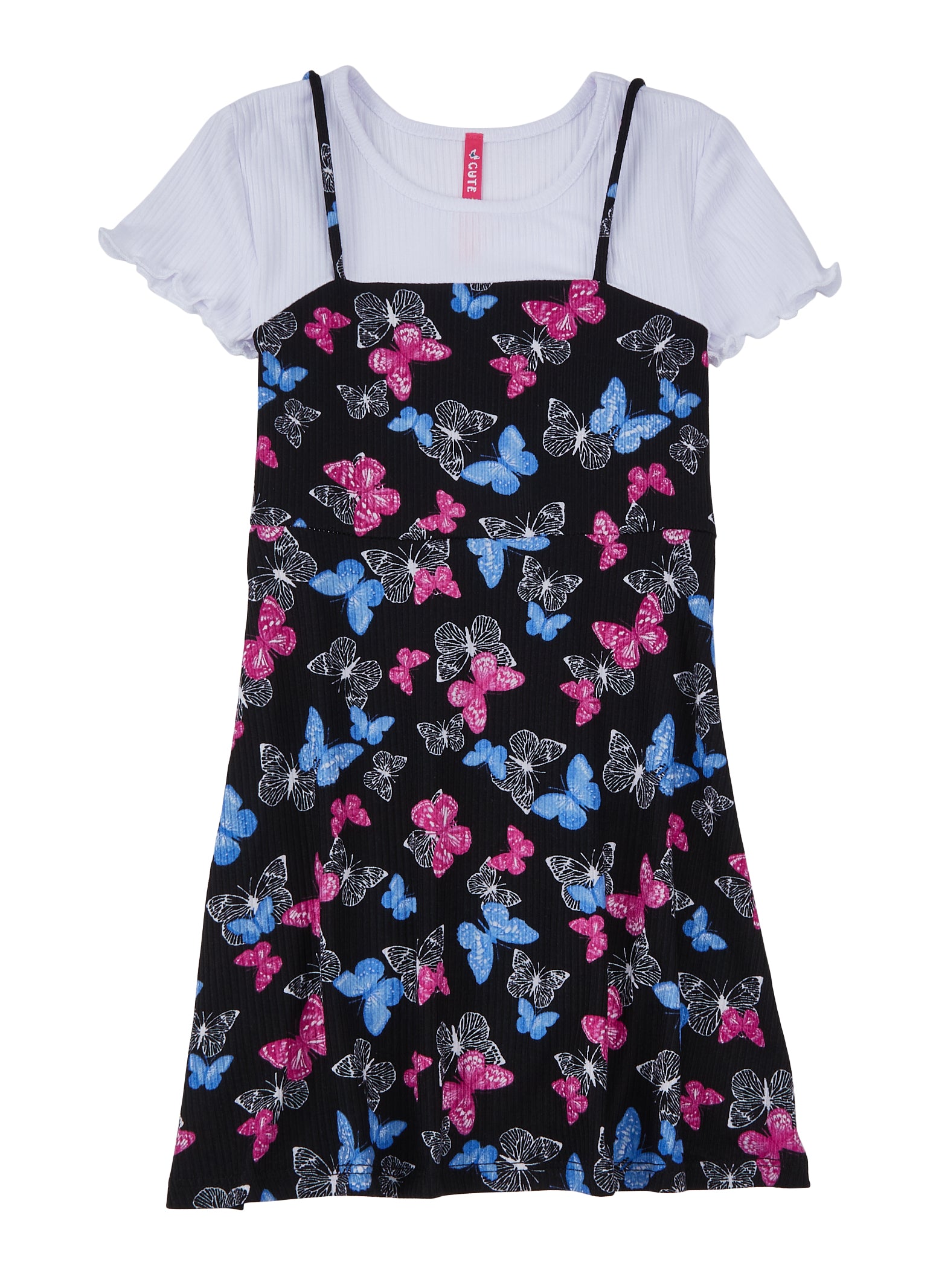 Little Girls Butterfly Print Cami Dress with Ribbed Knit Tee