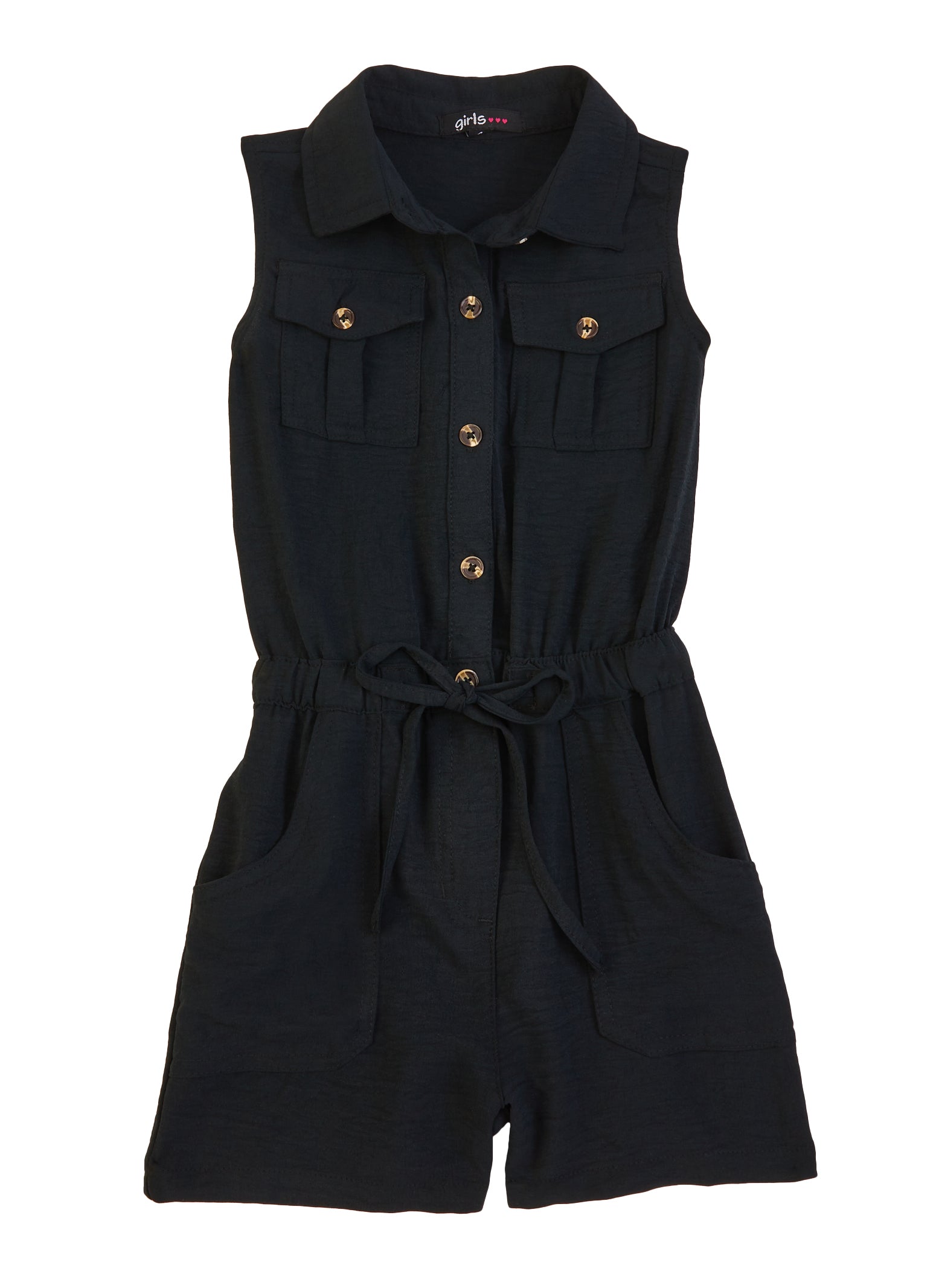 Little Girls Button Front Sleeveless Tie Waist Romper