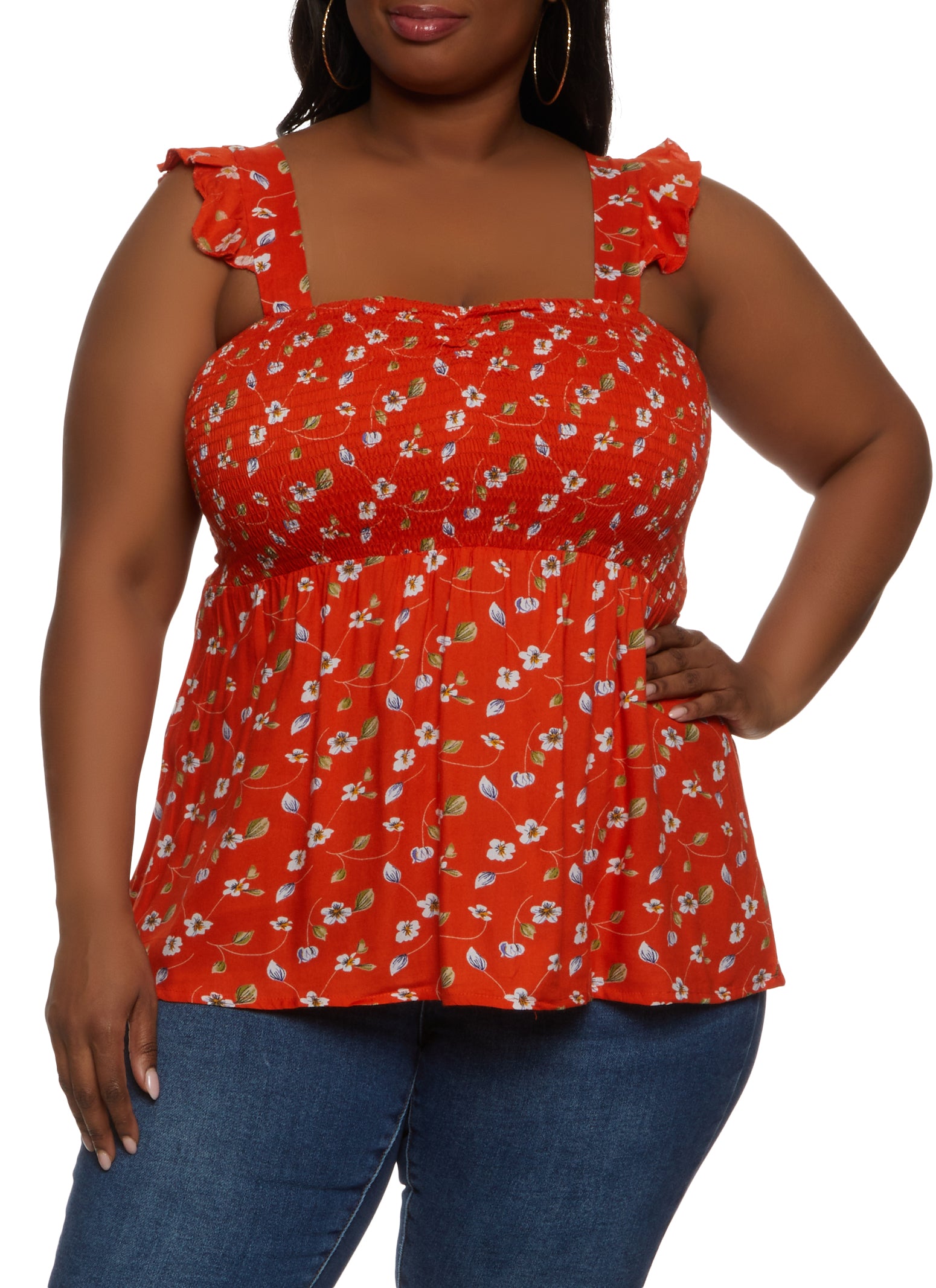 Plus Size Printed Sleeveless Smocked Tank Top - Multi Color