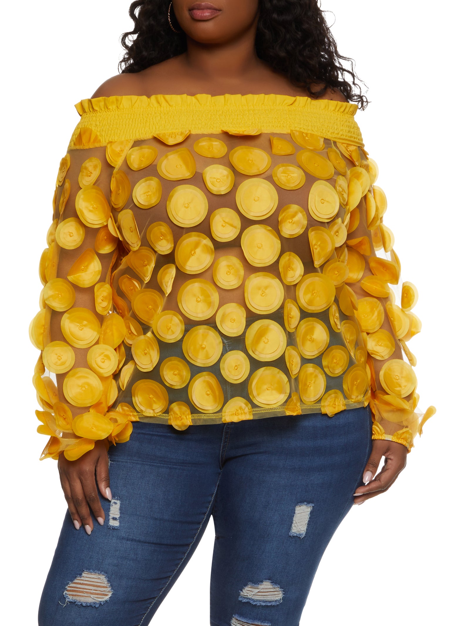 Plus Size Polka Dot Sheer Off the Shoulder Blouse - Yellow