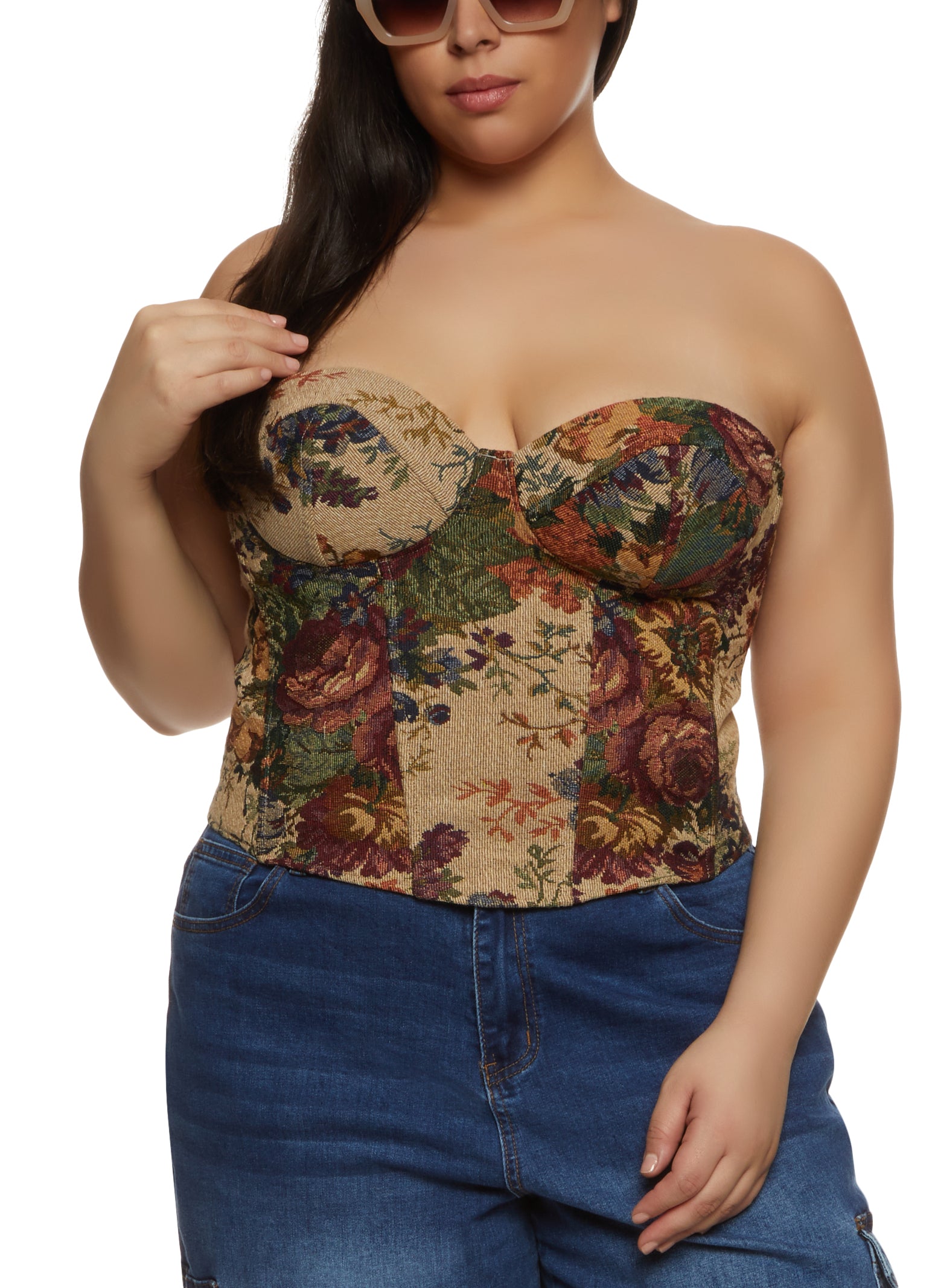 Plus Size Floral Embroidered Convertible Bustier - Tan