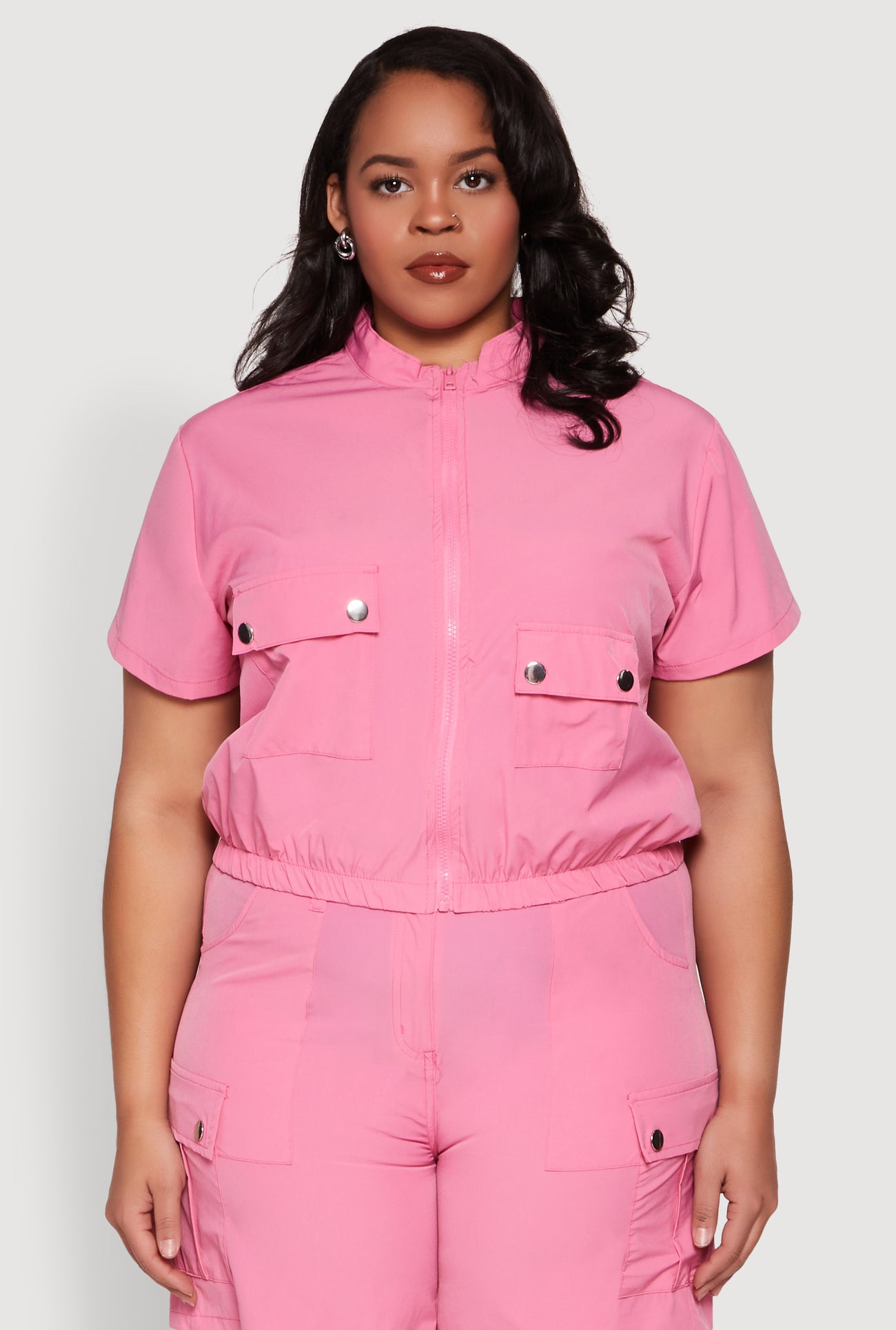 Plus Size Nylon Utility Zip Front Top