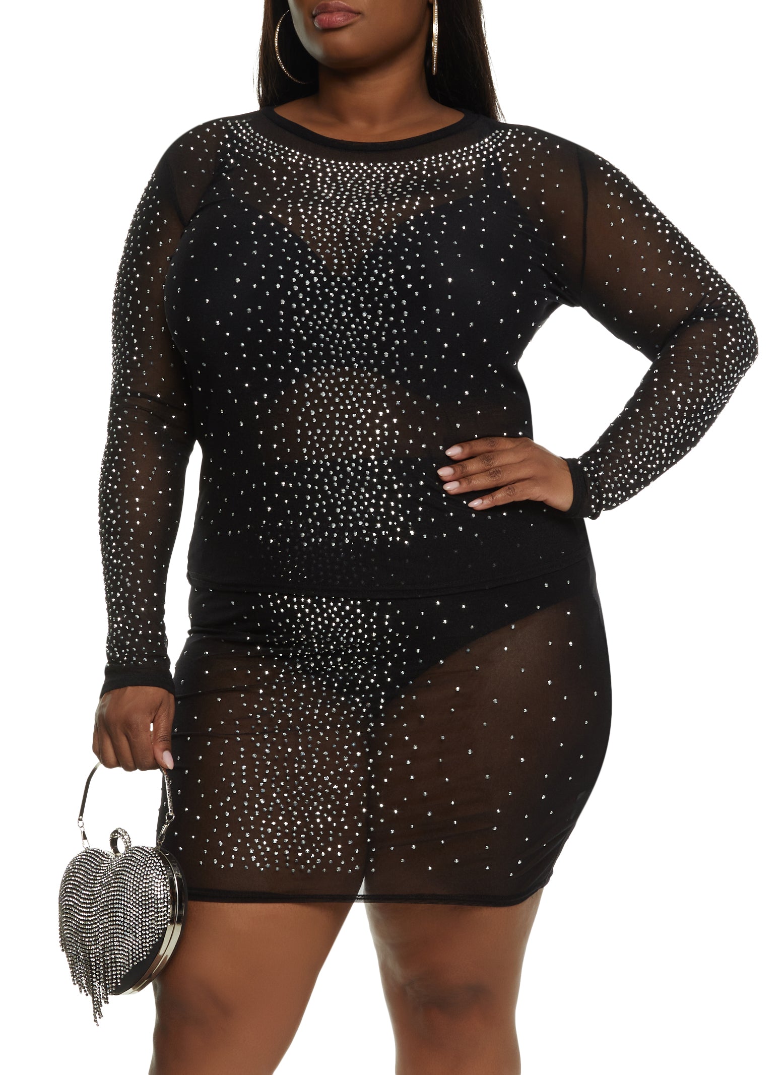 Plus Size Rhinestone Studded Mesh Long Sleeve Blouse - Black