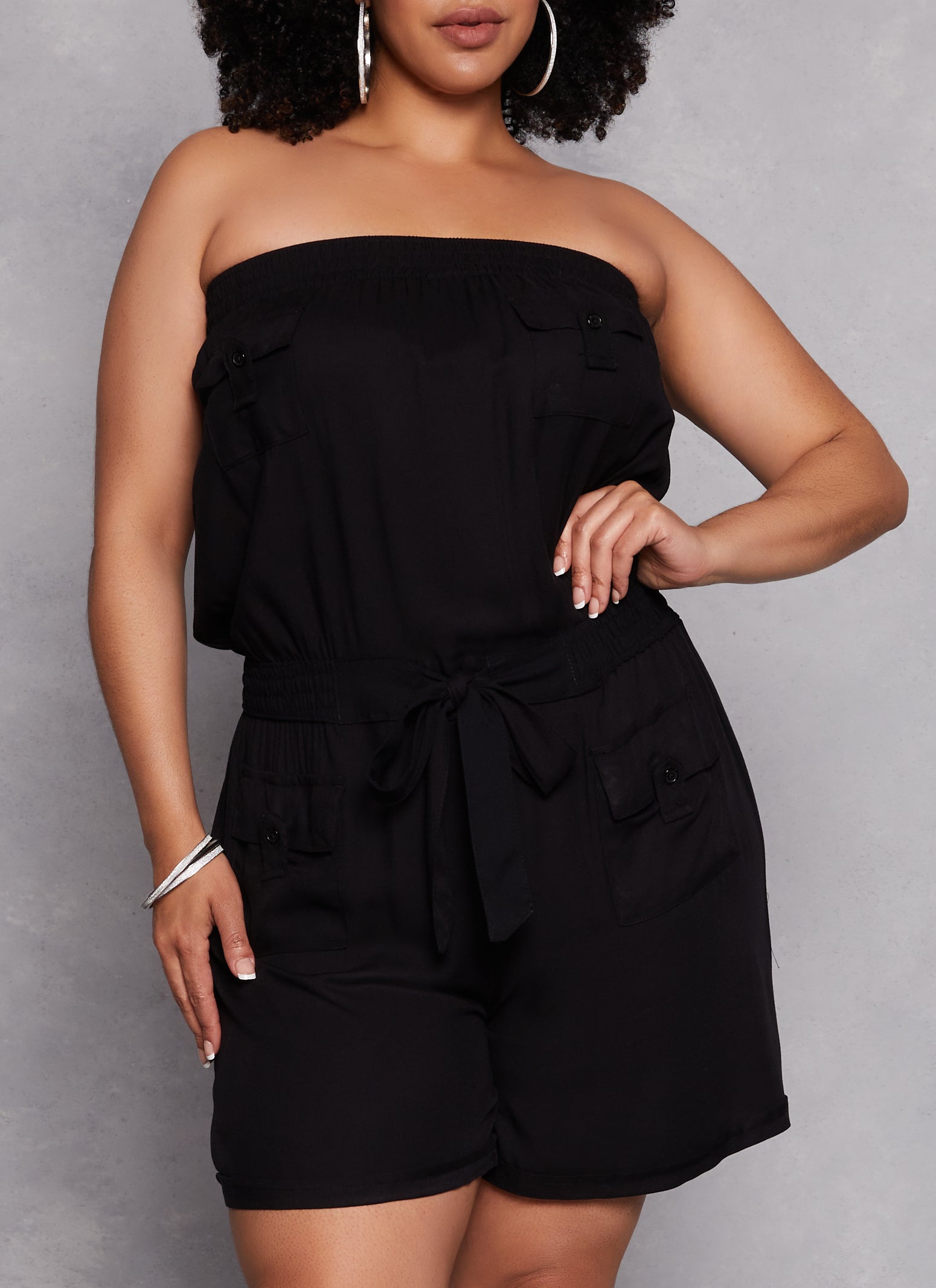 Plus Size Strapless Tie Waist Utility Romper