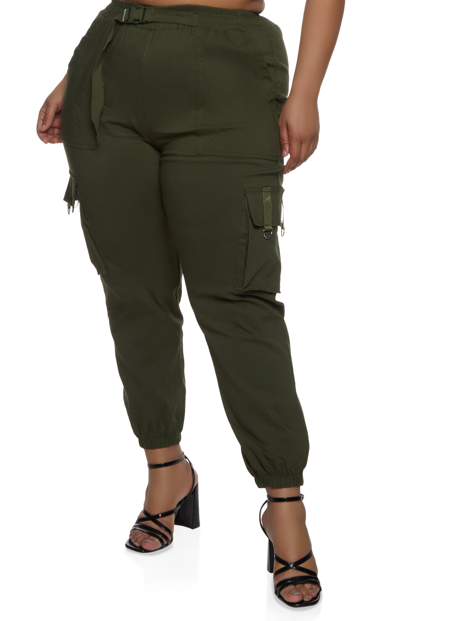 Plus Size Solid Buckle Detail Cargo Joggers - Olive
