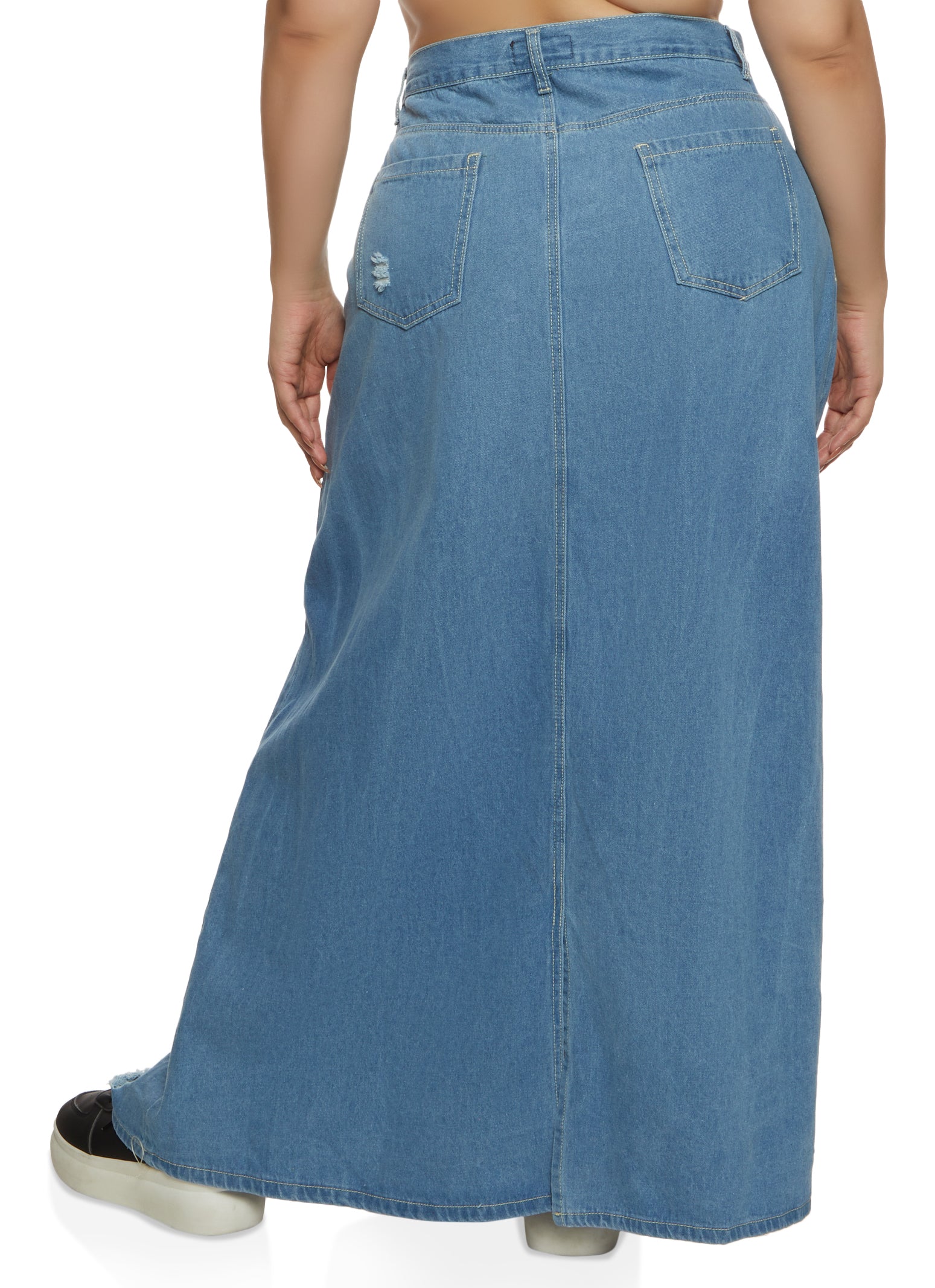 Boho Faded Front Slit Distressed Denim Midi Skirt | eBay
