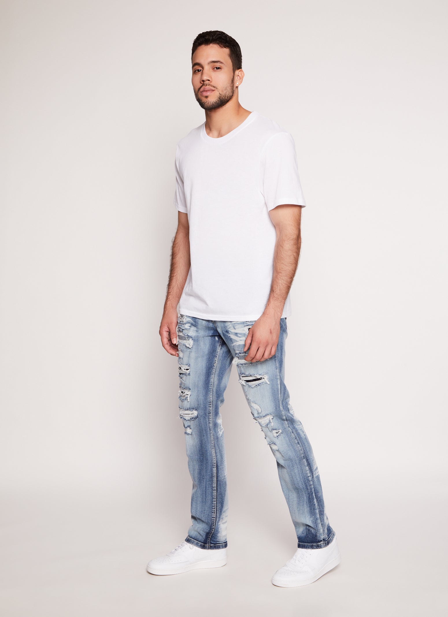 Mens Acid Wash Patch and Repair Skinny Leg Jeans