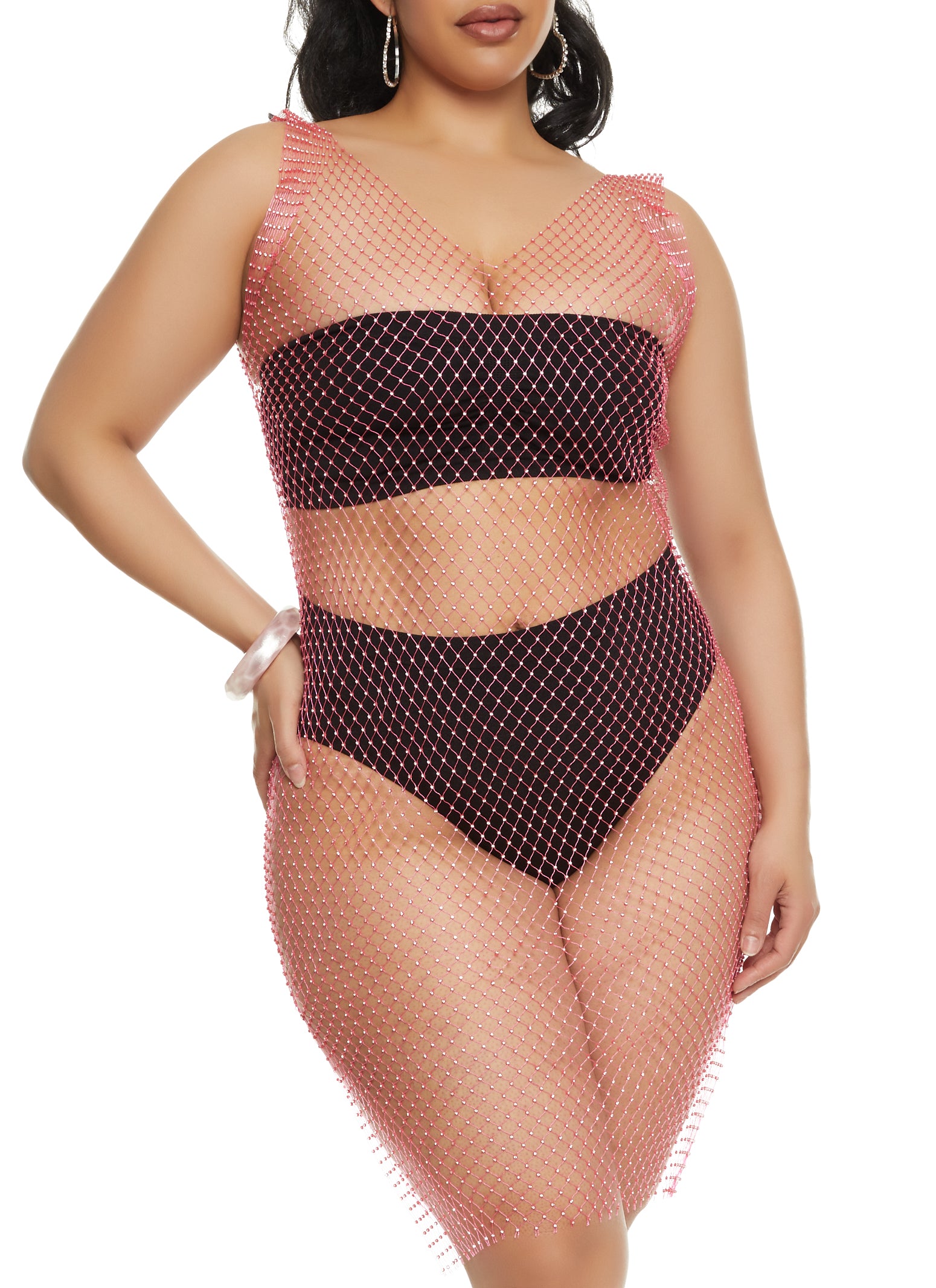 Plus Size Rhinestone Fishnet Cover Up Dress