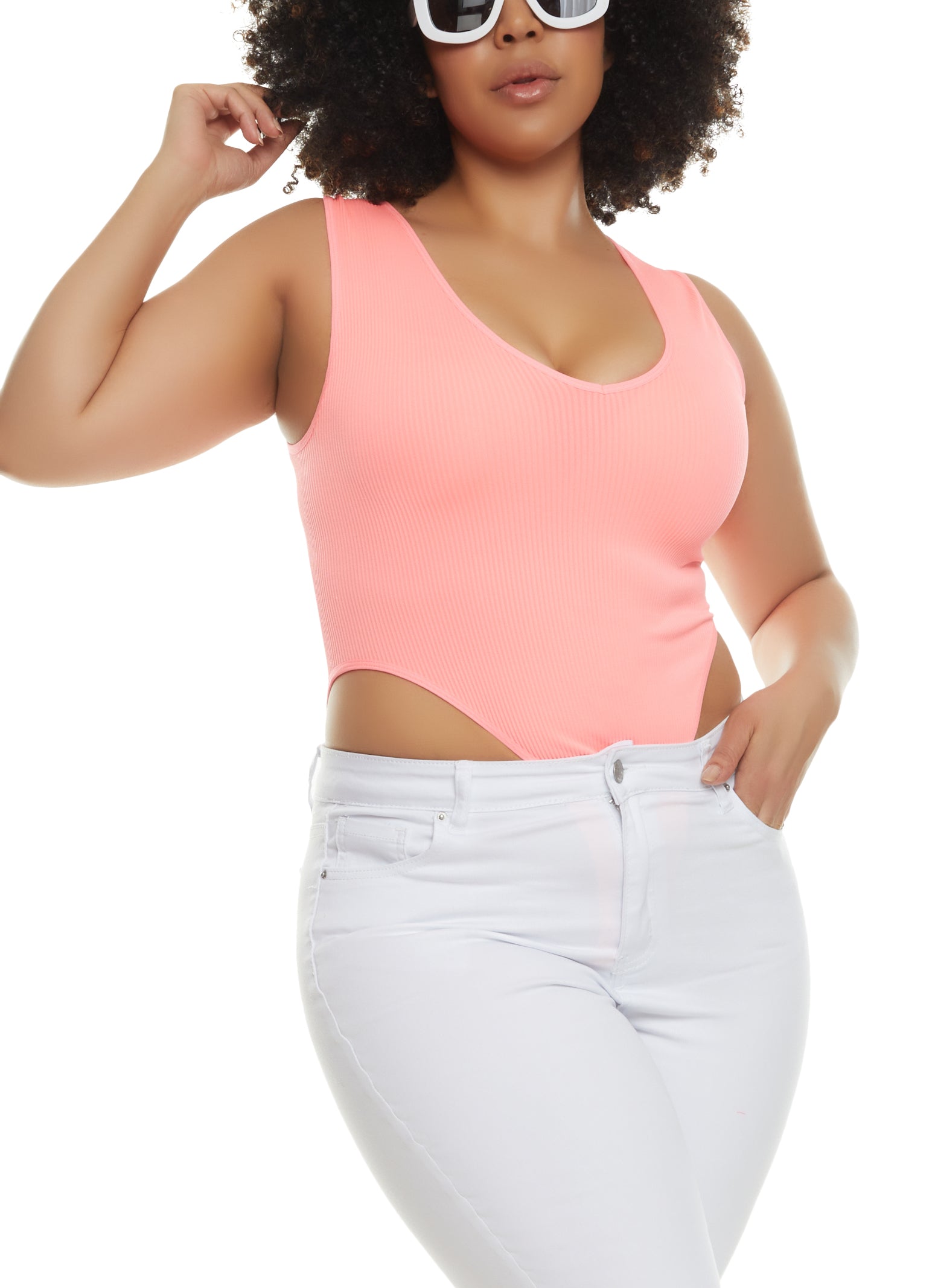 Plus Size Rib Knit High Cut Seamless V Neck Bodysuit - Neon Pink