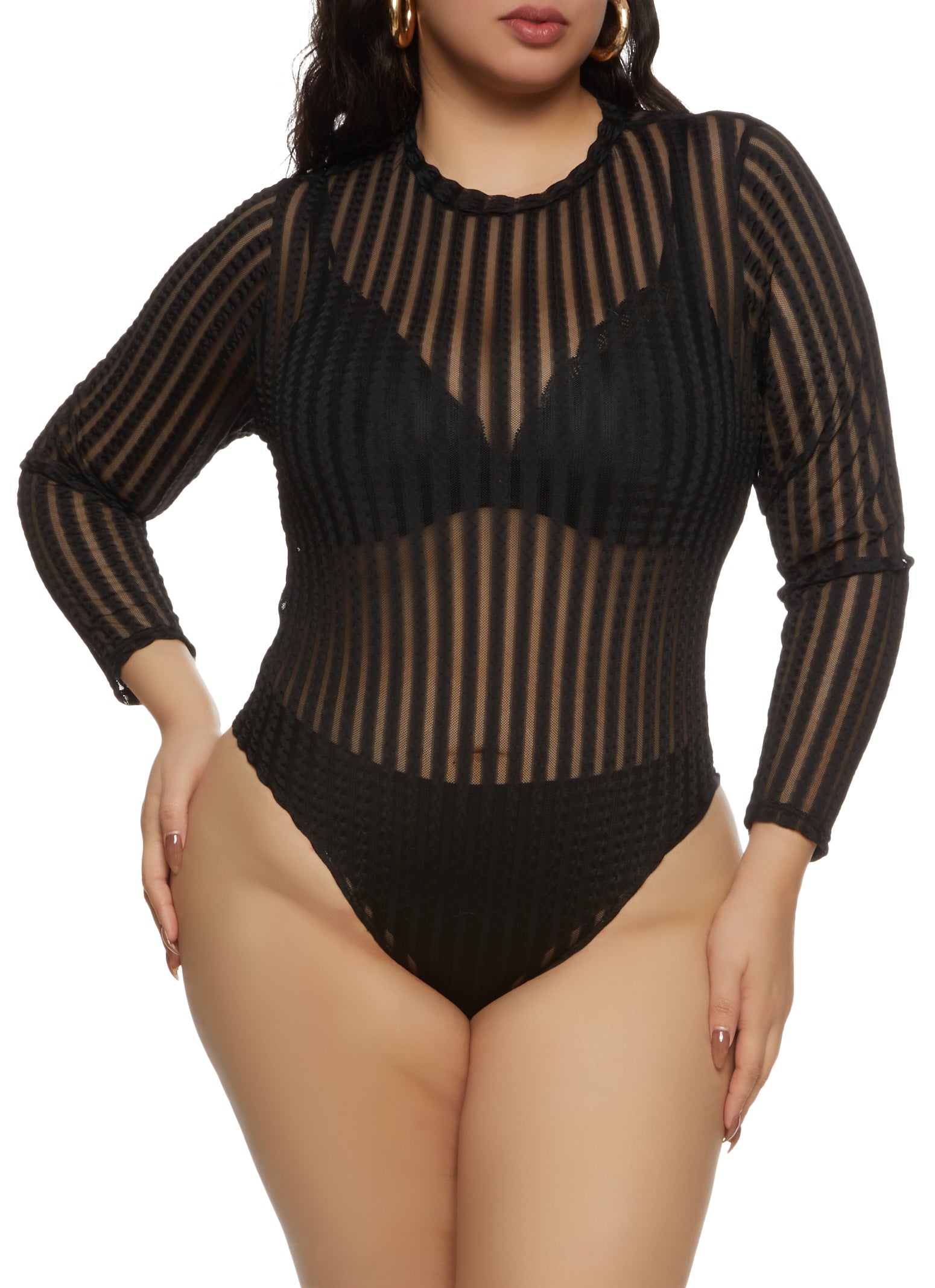 Plus Size Striped Mesh Detail Bodysuit - Black