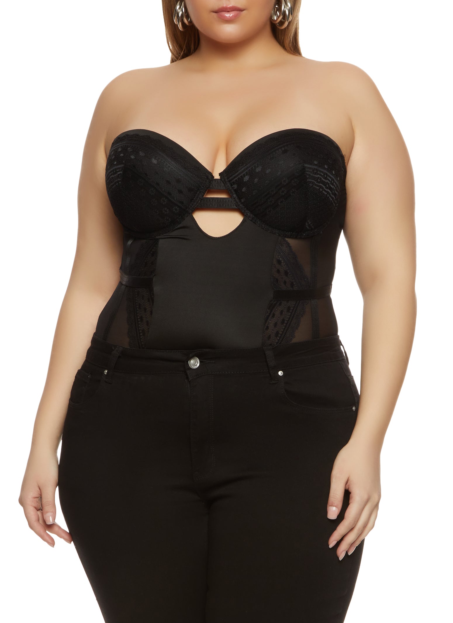 Plus Size Patterned Lace Detail Caged Bustier Bodysuit