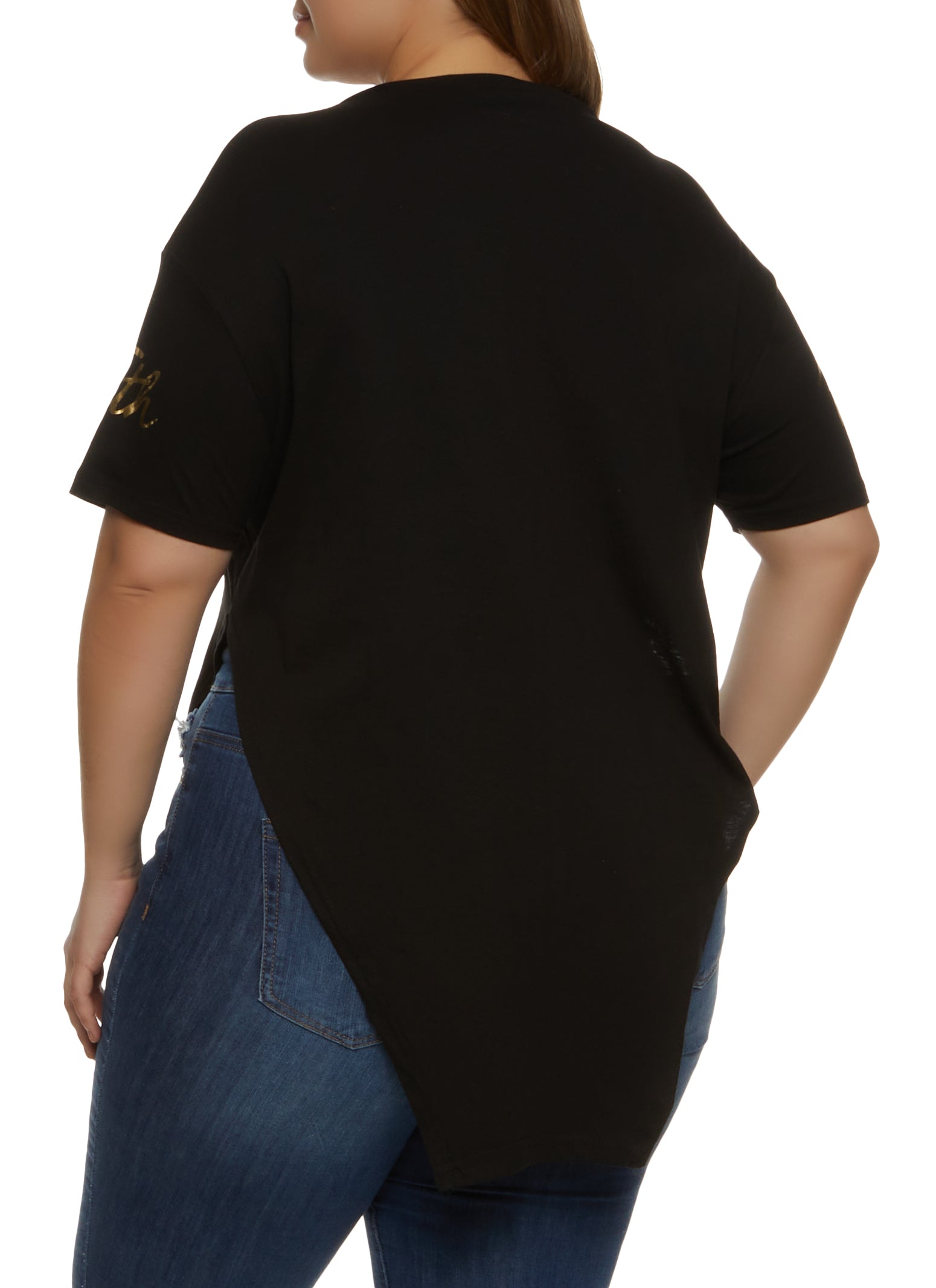 Plus Size Sequin Faith Hanky Hem Graphic Tee - Black