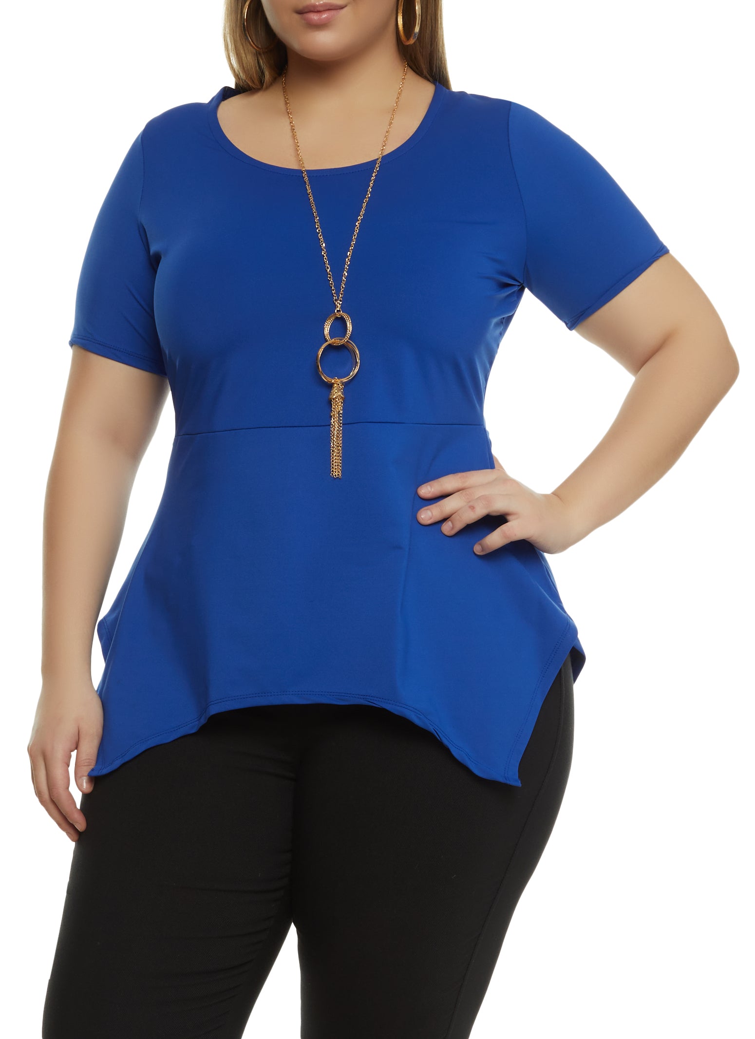 Plus Size Puff Sleeve Peplum Top with Necklace - Royal Blue