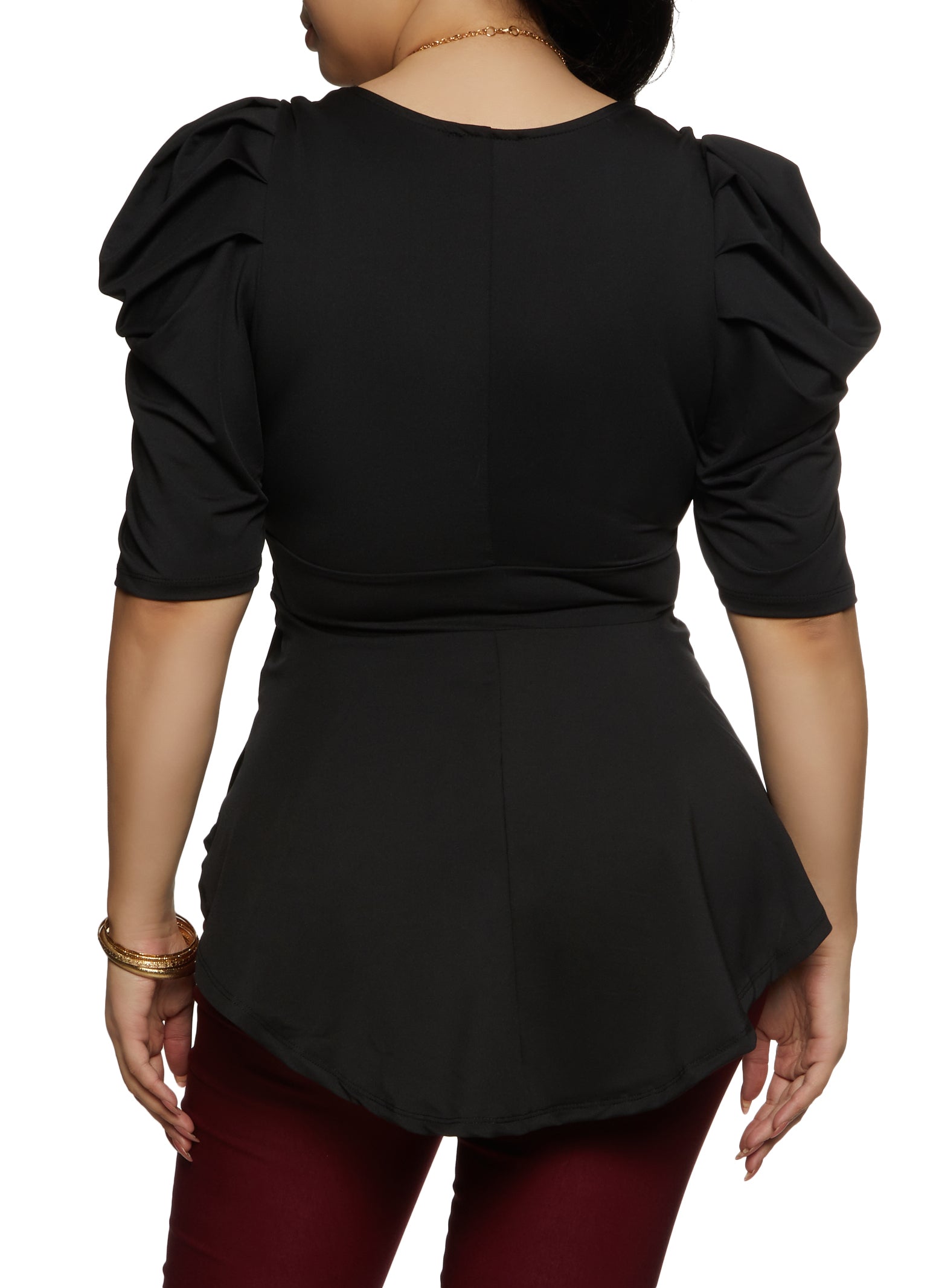 Plus Size Puff Sleeve Peplum Top with Necklace