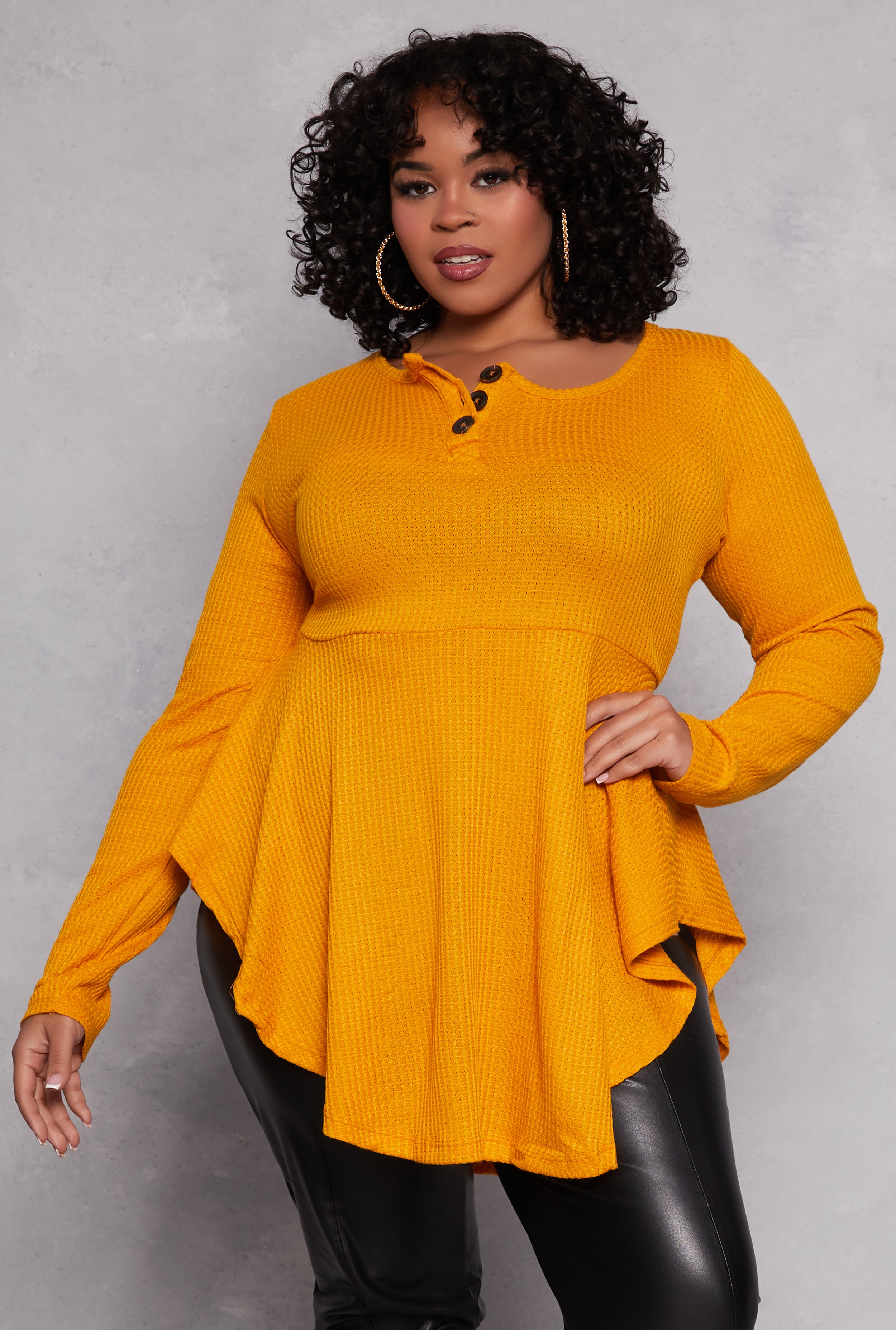 Plus Size Waffle Knit Henley Peplum Top