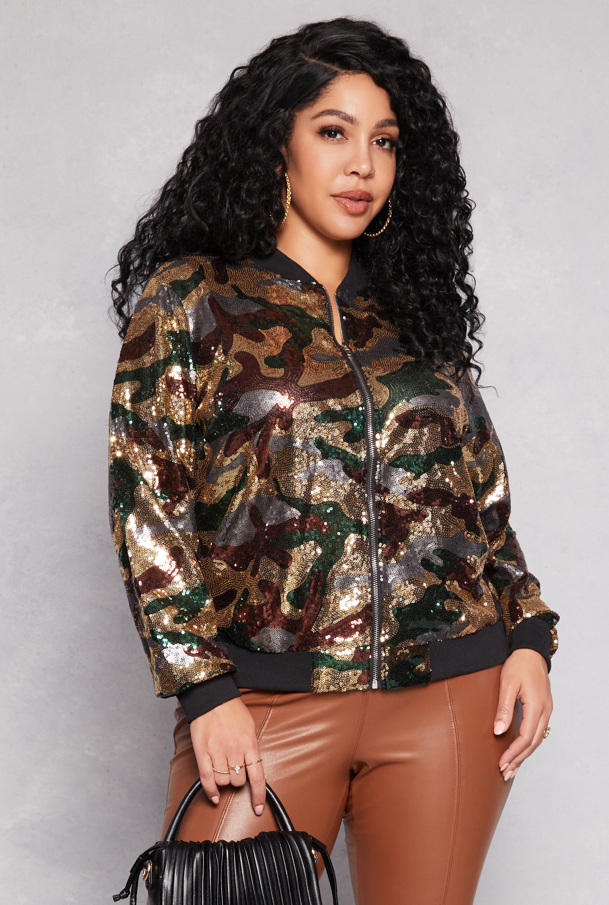 Plus Size Sequin Camo Bomber Jacket