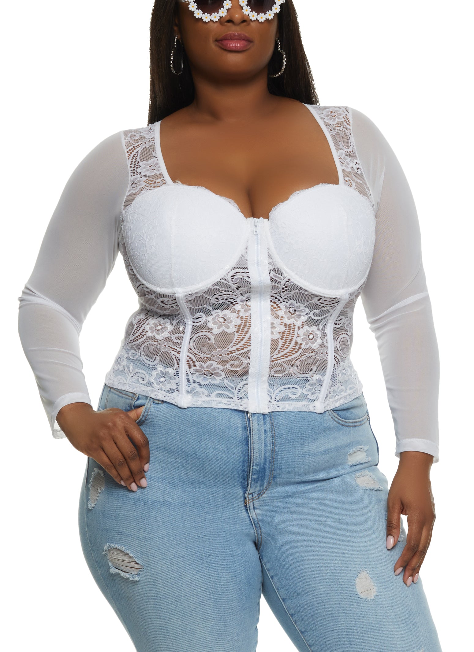 Plus Size Floral Cropped Bustier Top - White