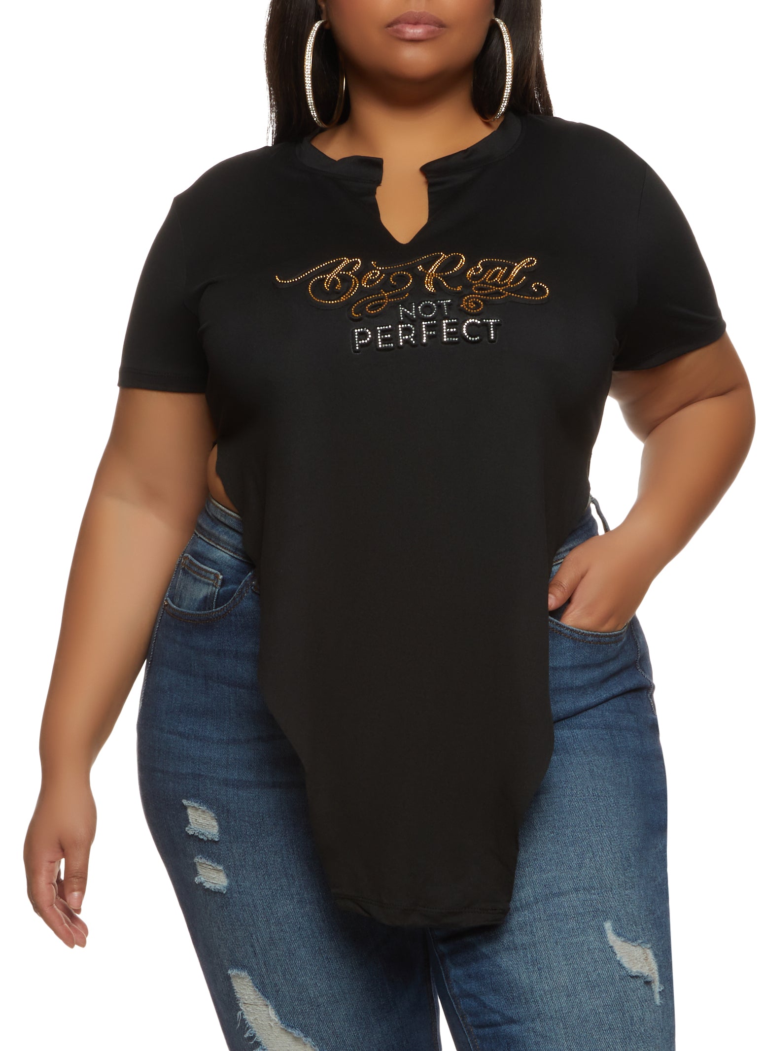 Plus Size Be Real Not Perfect Rhinestone Embossed Top